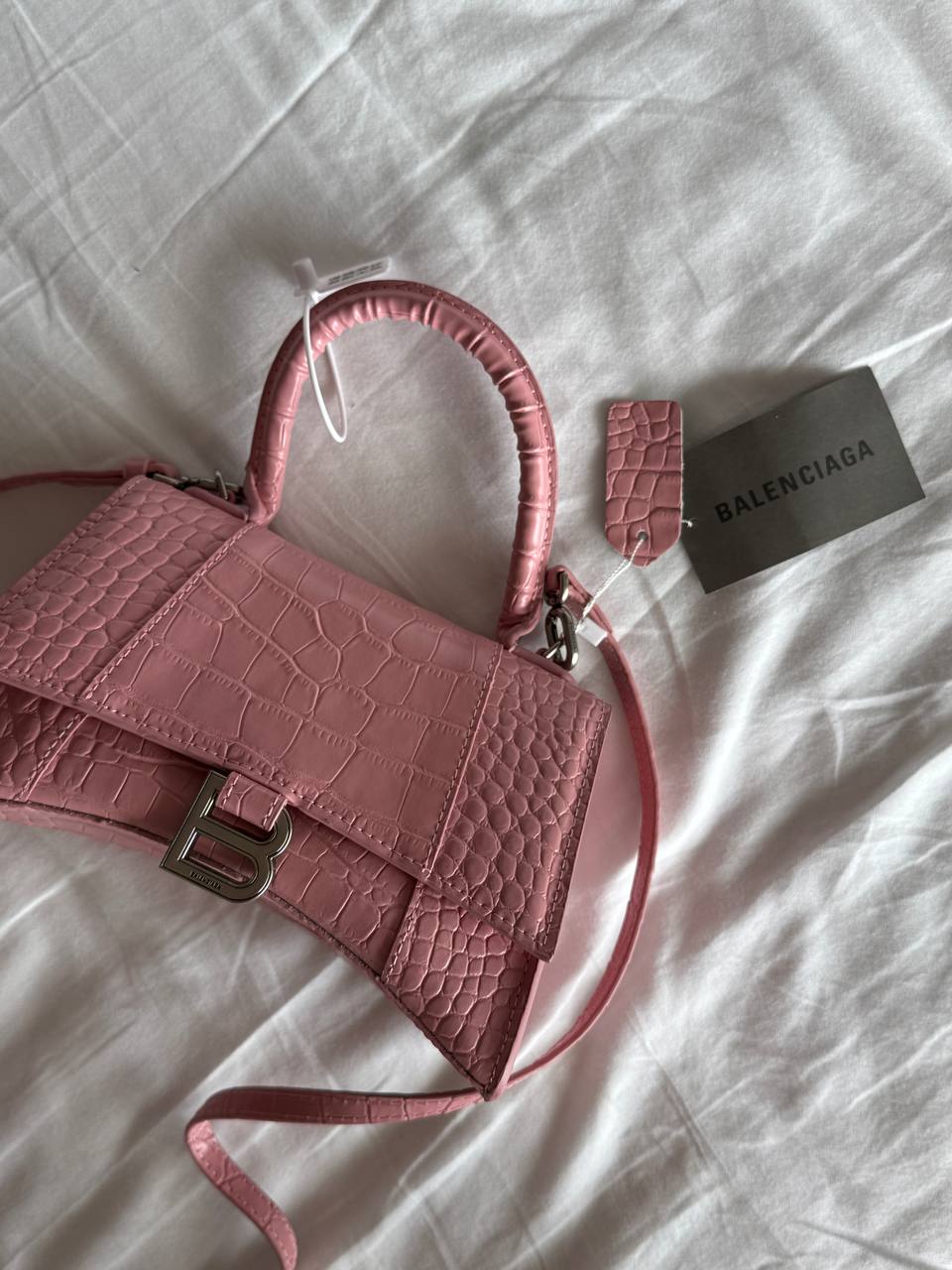 Balenciaga Hourglass Handbag Small in Crocodile Embossed Calfsk Pink - 8
