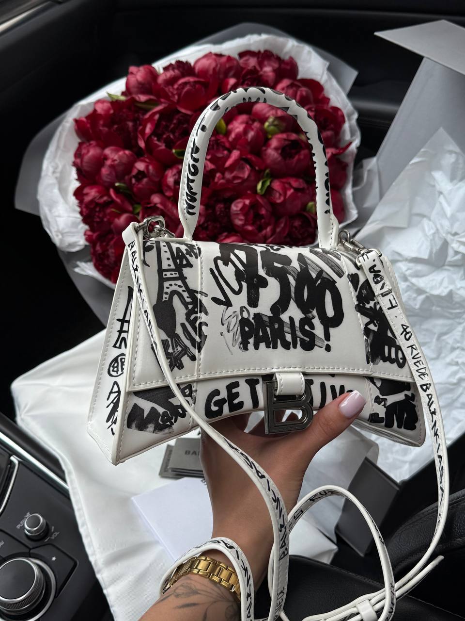 Balenciaga Hourglass Handbag Small in Crocodile Embossed Calfsk White - 6