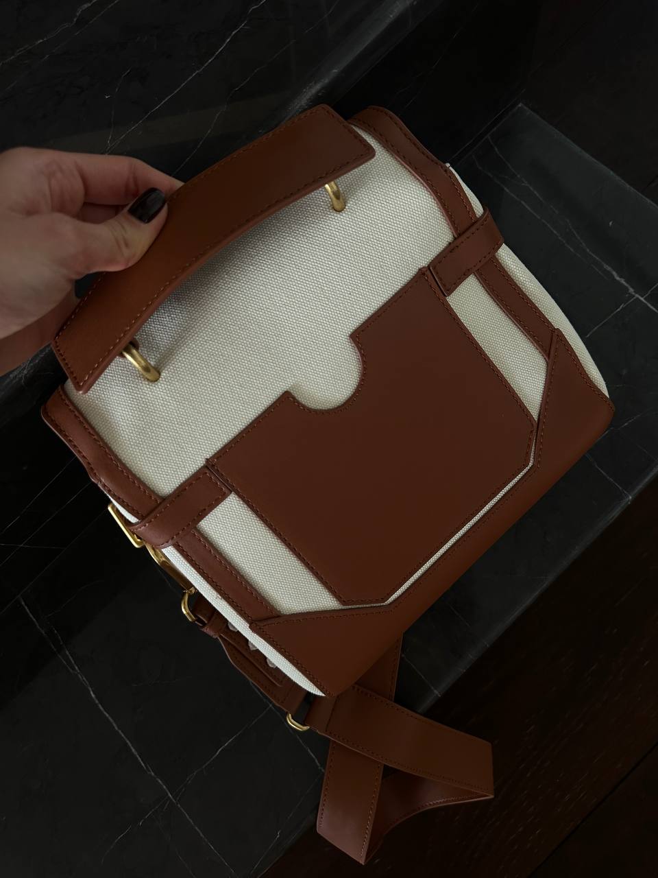 Balmain B-Buzz 23 Bag in Cream/Brown Box Leather - 3