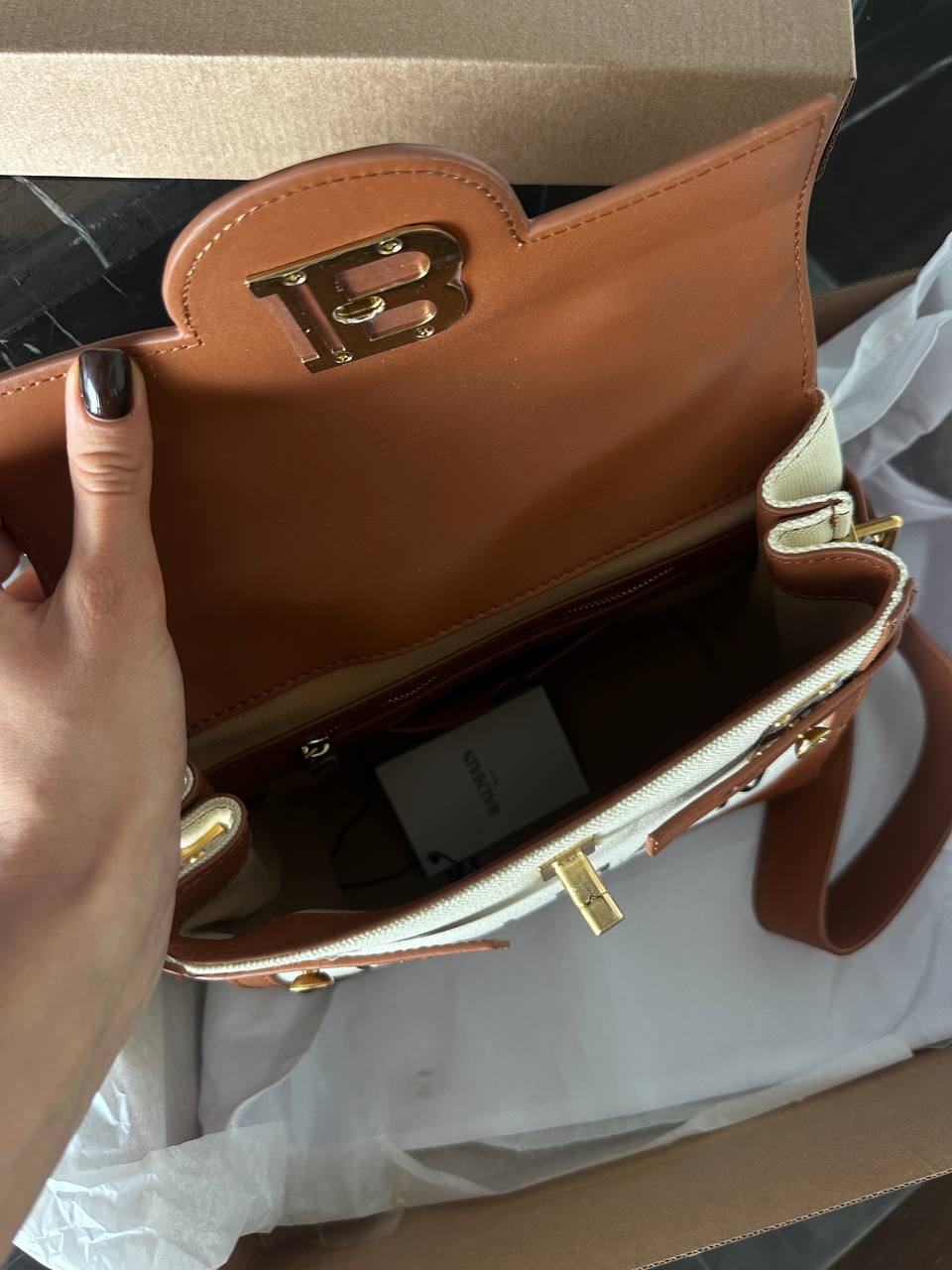 Balmain B-Buzz 23 Bag in Cream/Brown Box Leather - 4