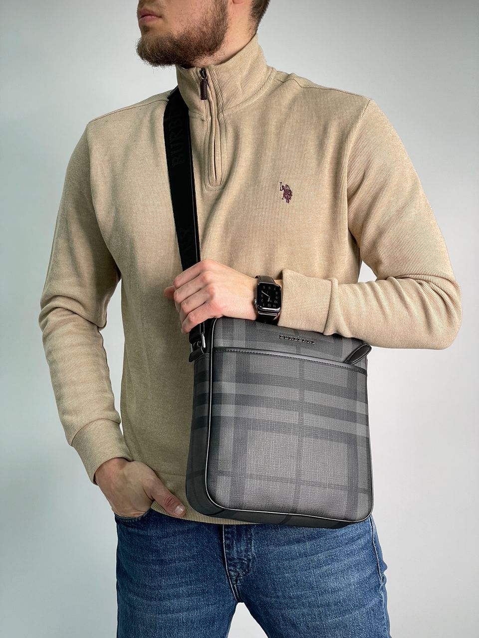 Burberry Large Messenger Bag Men Crossbody Shoulder Bag Grey - 5