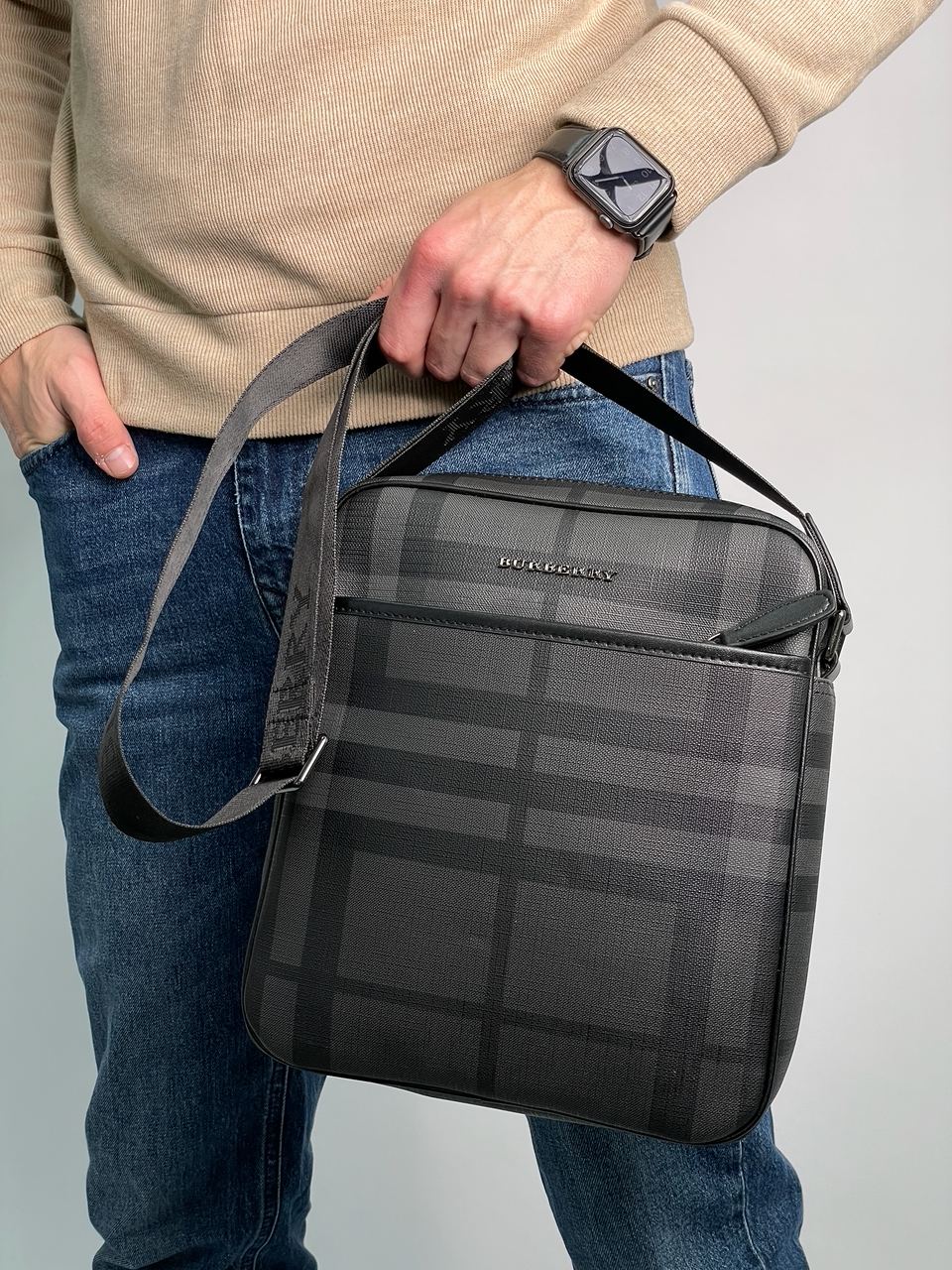 Burberry Large Messenger Bag Men Crossbody Shoulder Bag Grey - 6