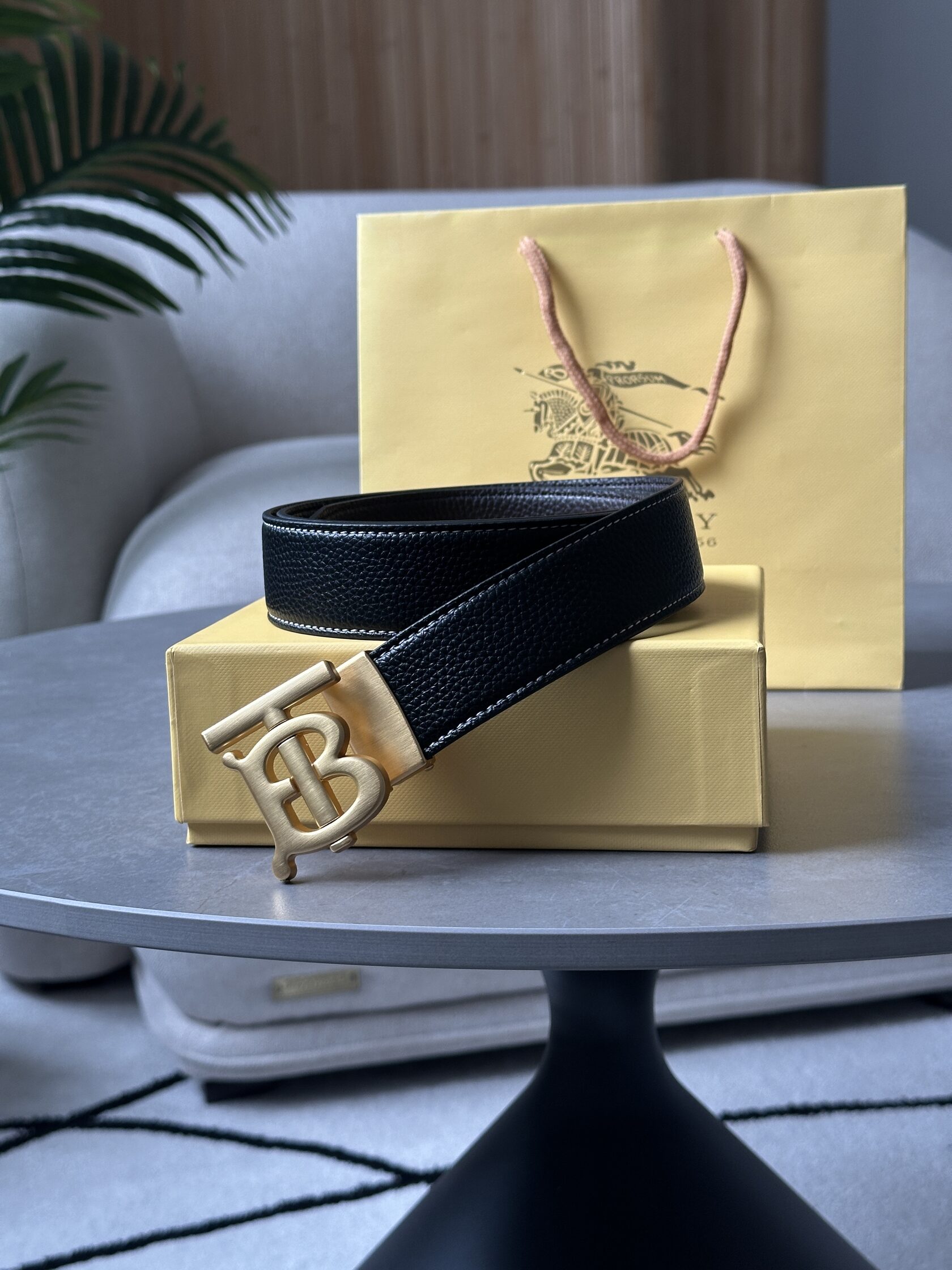 Burberry Leather TB Belt Black/Tan/Gold - 4