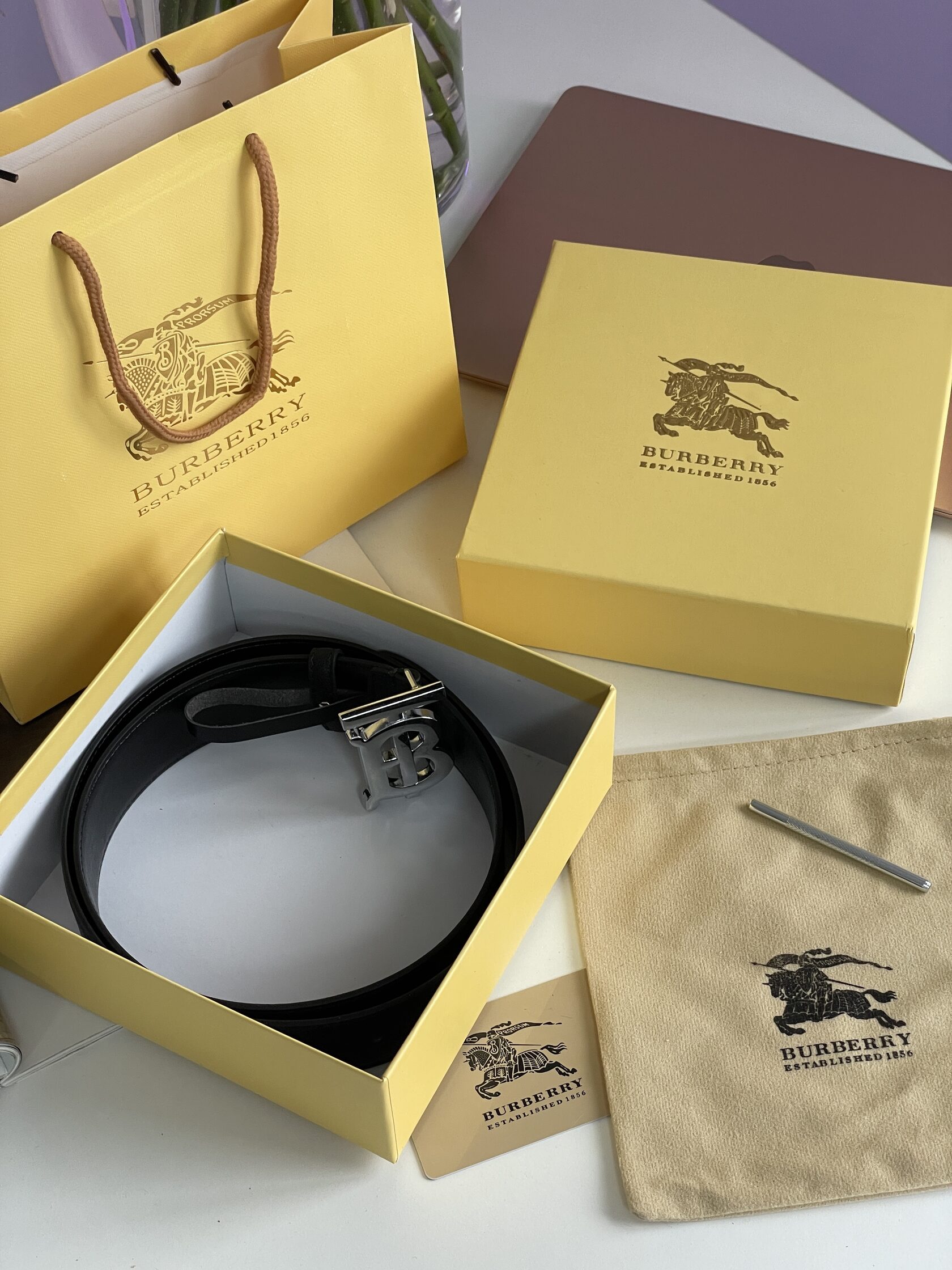 Burberry Leather TB Belt Black/Tan/Silver - 7