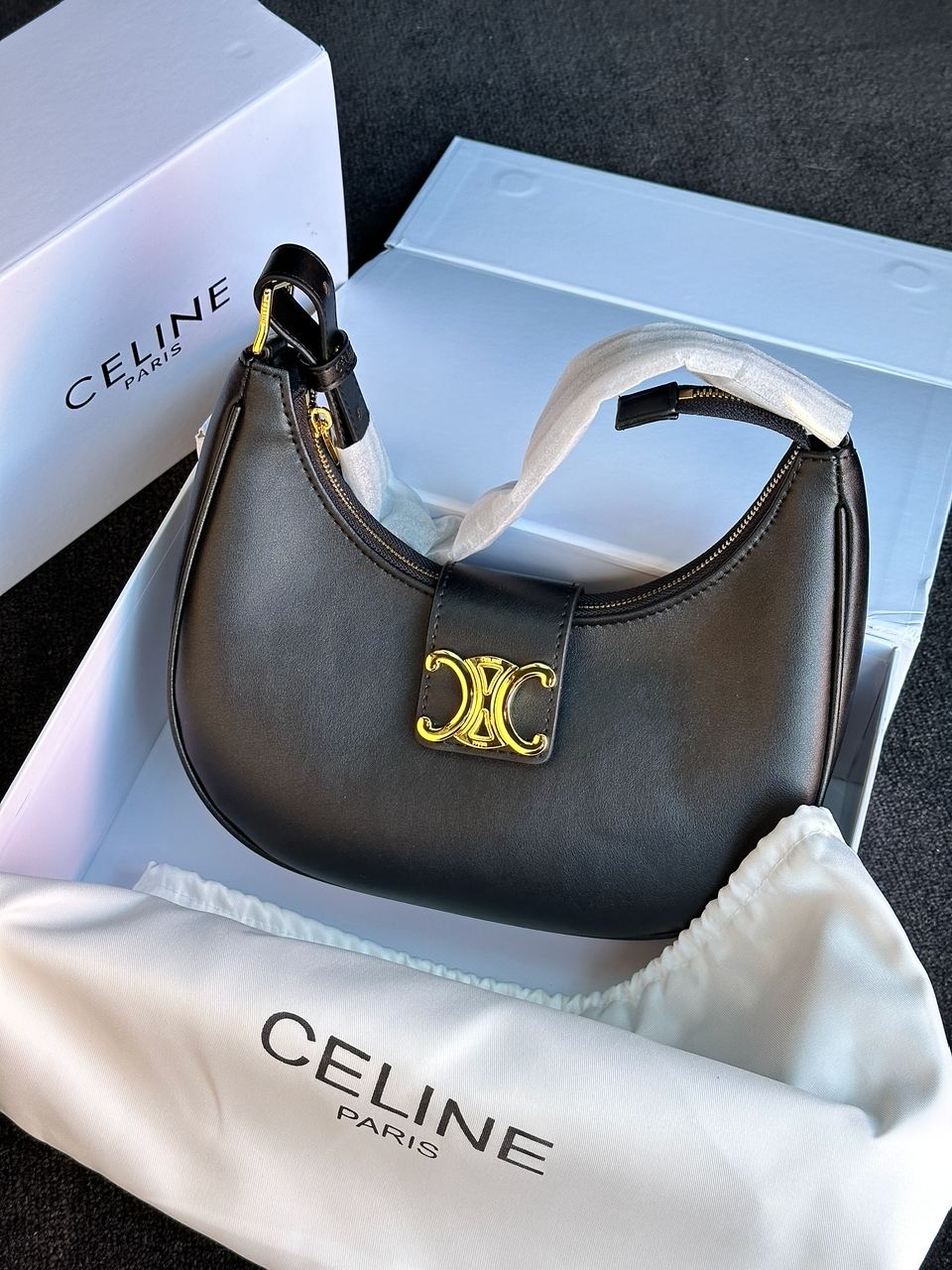 Celine Ava Triomphe Soft Bag in Smooth Calfskin Black - 2