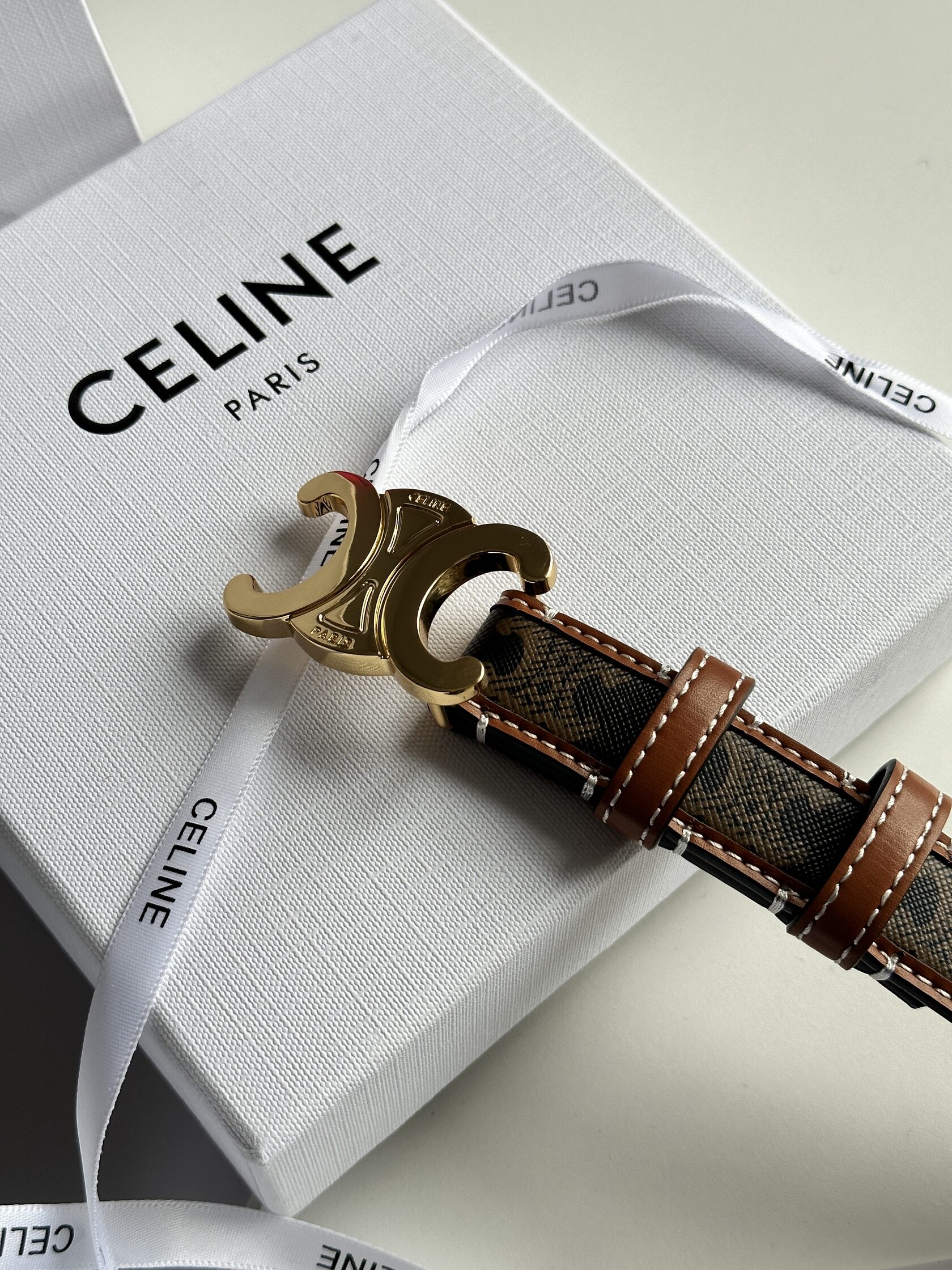 Celine Medium Triomphe Belt In Triomphe Canvas And Calfskin Tan - 12
