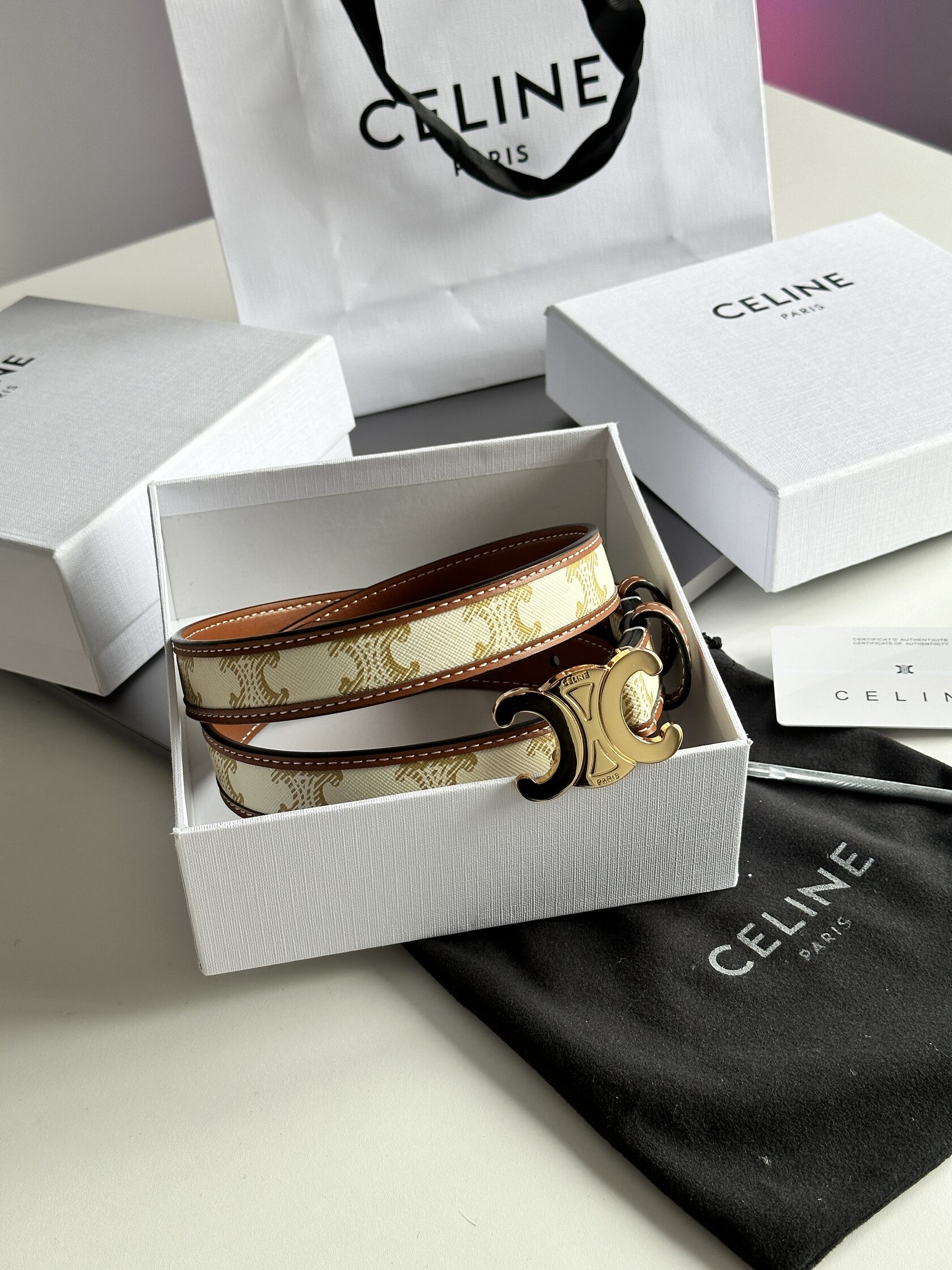 Celine Medium Triomphe Belt In Triomphe Canvas And Calfskin White - 4