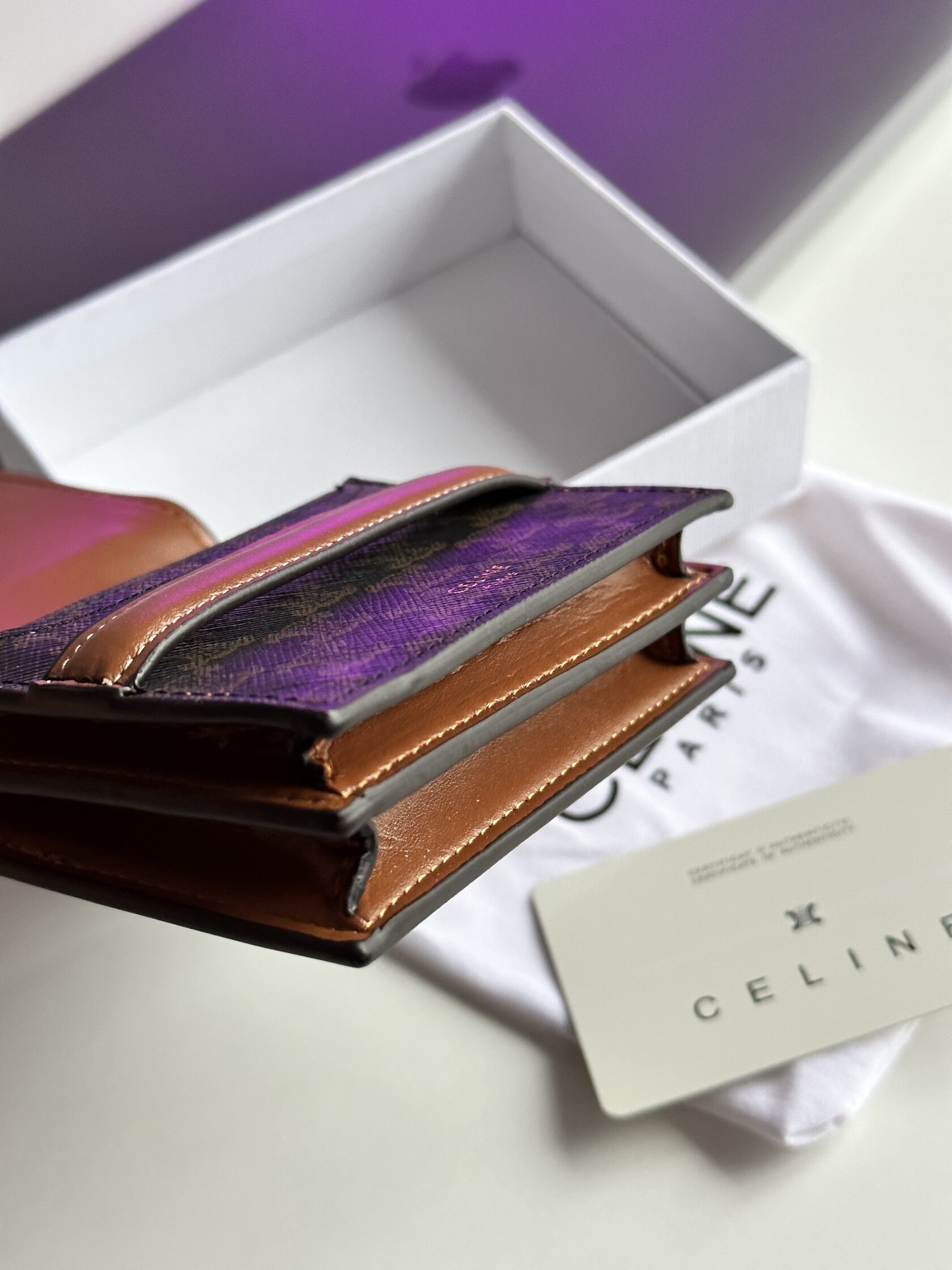 Celine Small Trifold Wallet In Triomphe Canvas And Lambskin Tan - 11