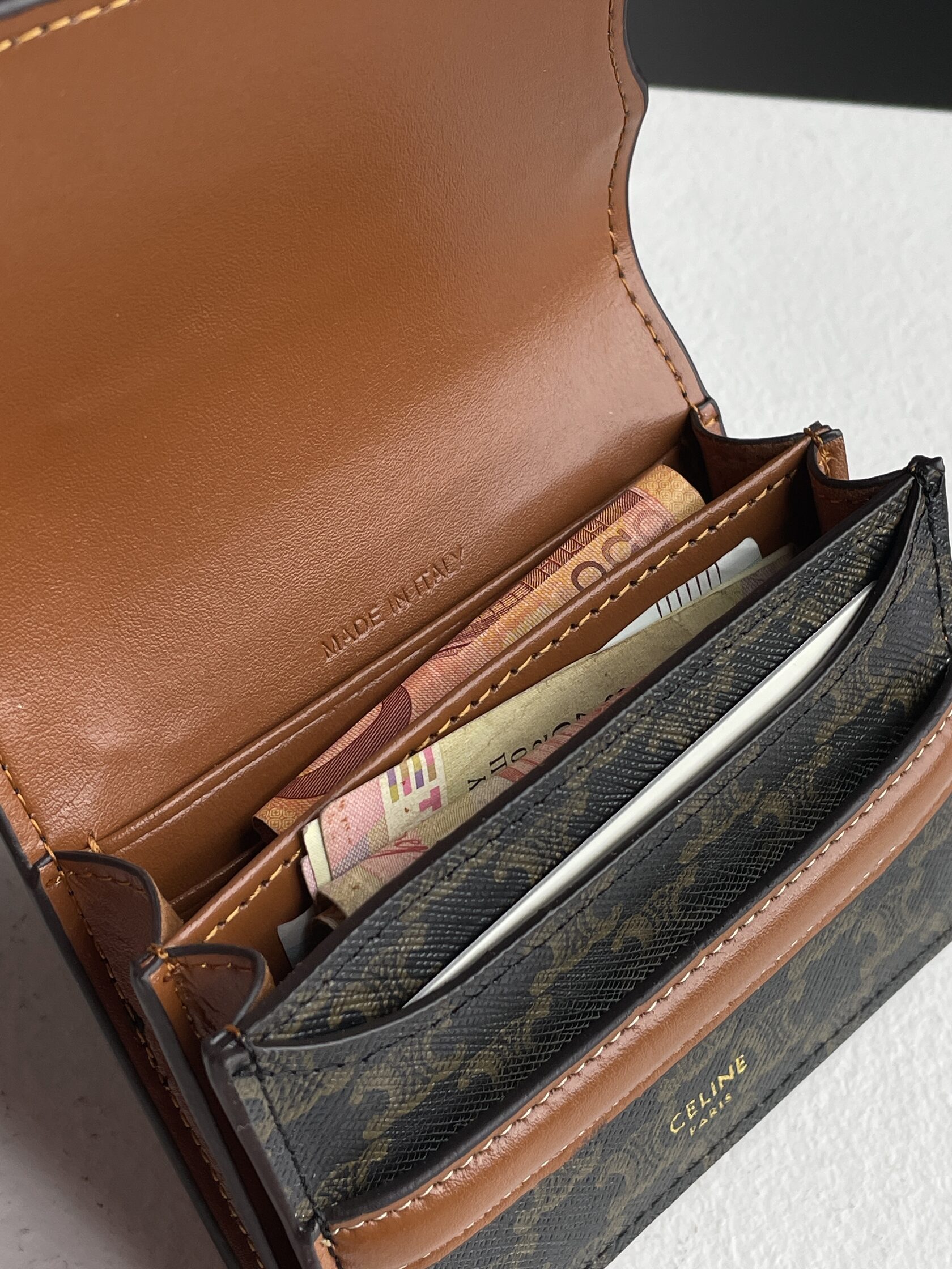 Celine Small Trifold Wallet In Triomphe Canvas And Lambskin Tan - 17