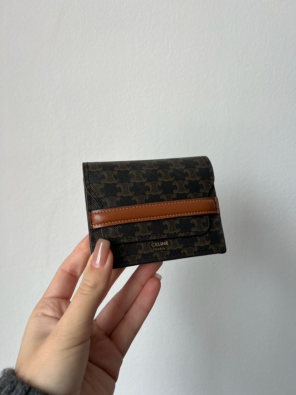 Celine Small Trifold Wallet In Triomphe Canvas And Lambskin Tan - 5