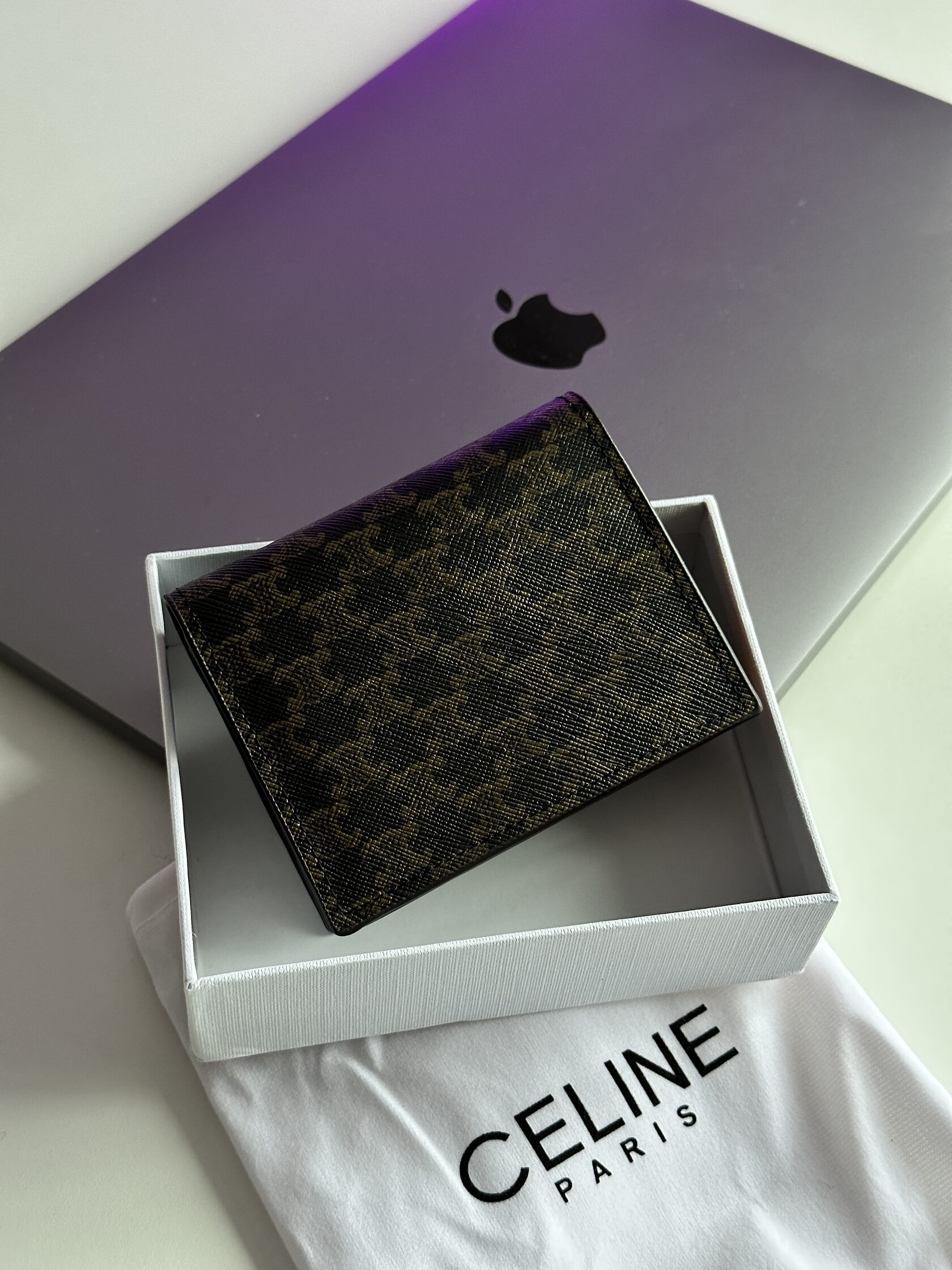 Celine Small Trifold Wallet In Triomphe Canvas And Lambskin Tan - 7