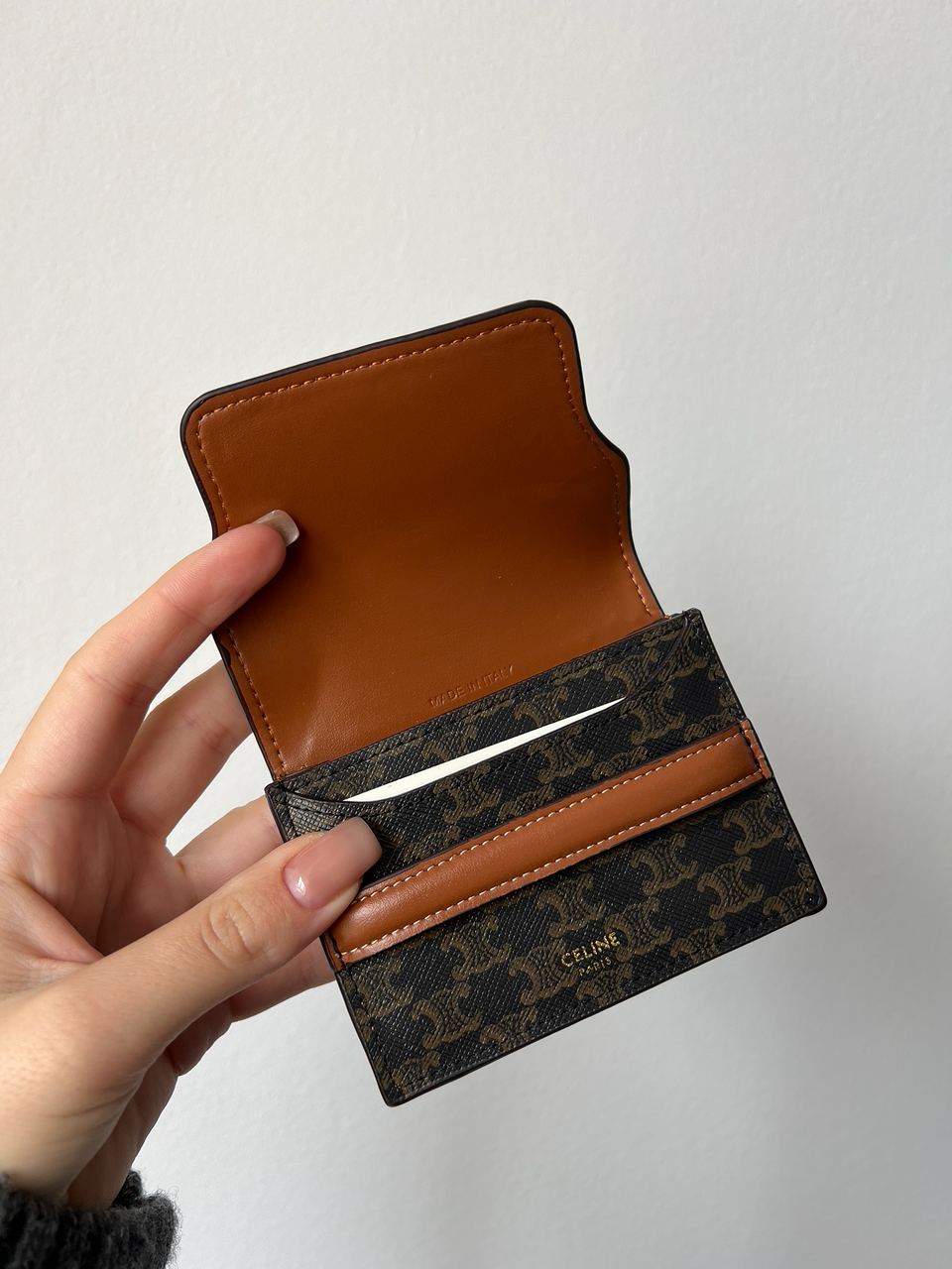 Celine Small Trifold Wallet In Triomphe Canvas And Lambskin Tan - 9