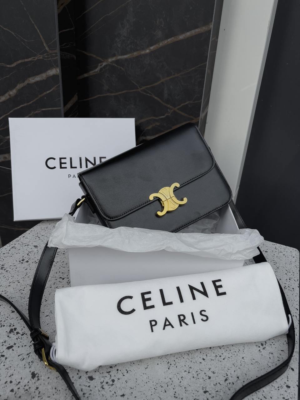 Celine Teen Triomphe Bag Black in Shiny Calfskin - 2