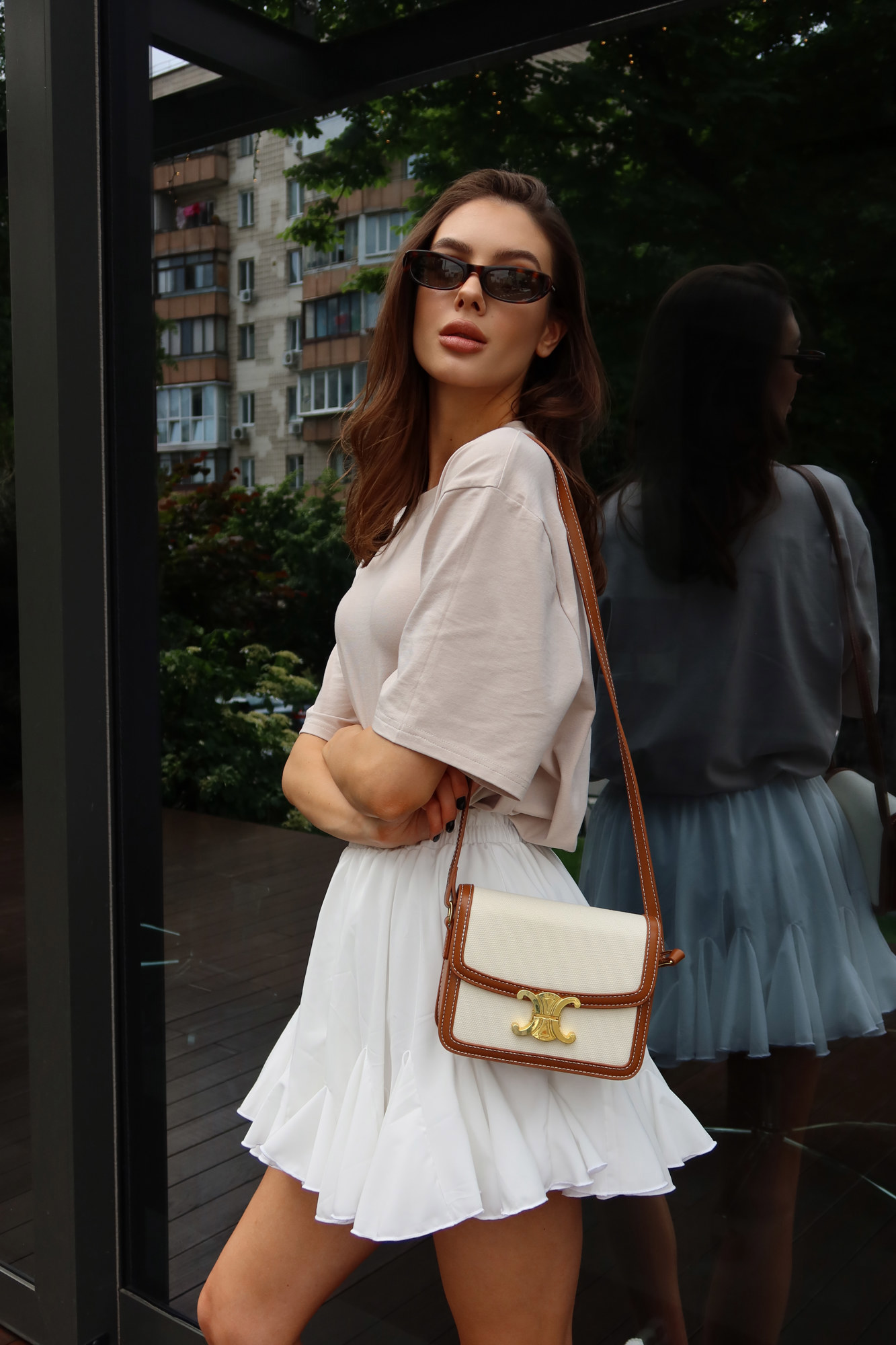 Celine Teen Triomphe Bag in Textile/Calfskin Tan [звичайна брендо - 9