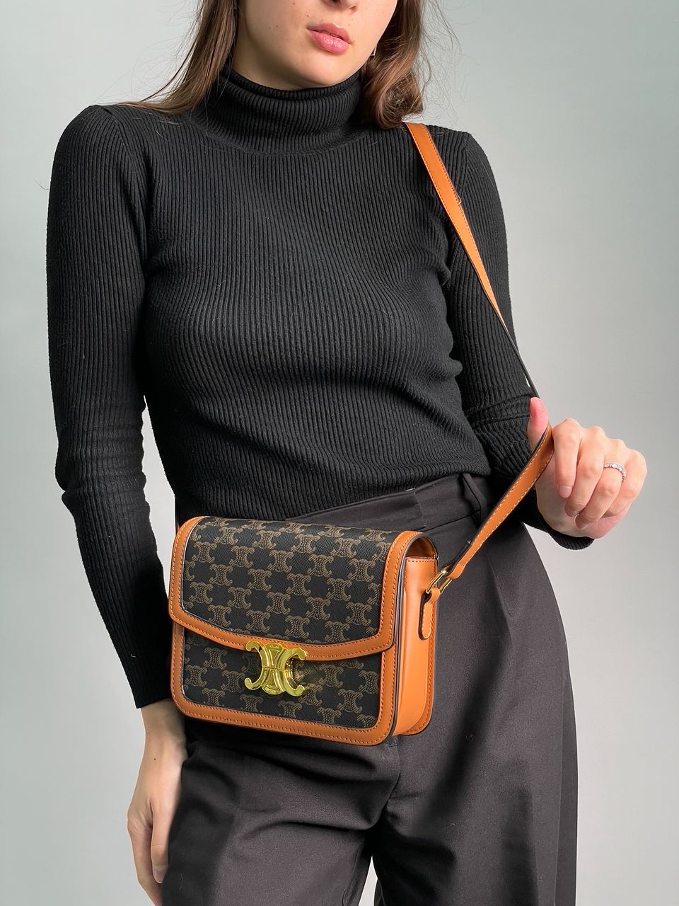 Celine Teen Triomphe Bag in Triomphe Canvas And Calfskin Tan - 6