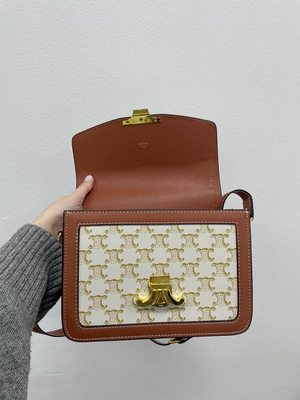 Celine The Triomphe Bag Canvas and Calfskin White - 12