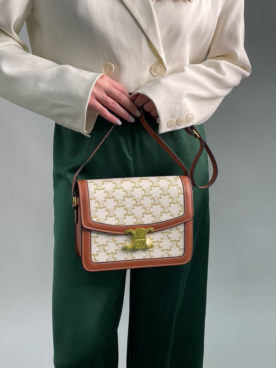 Celine The Triomphe Bag Canvas and Calfskin White - 4