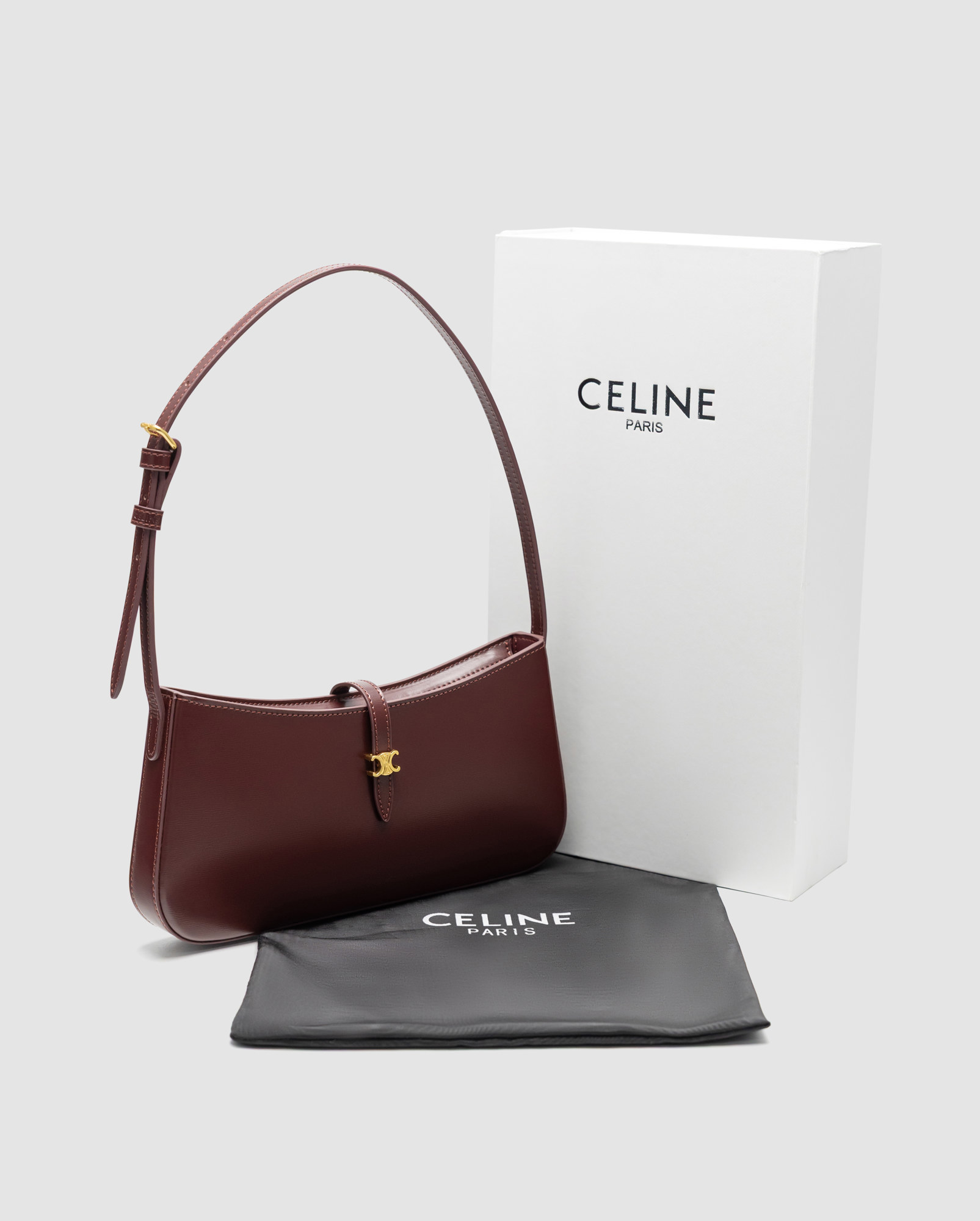Celine Tina Shoulder Bag In Shiny Calfskin Burgundy/Gold - 7