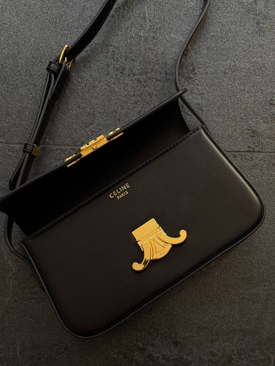 Celine Triomphe Small Shoulder Bag in Black Box Calfskin - 3