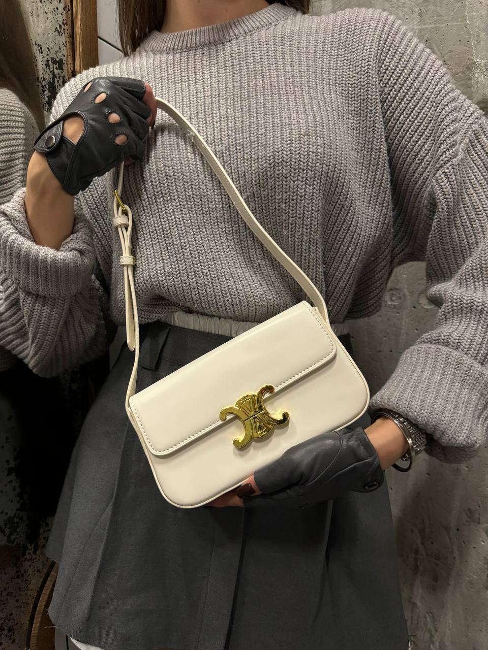 Celine Triomphe Small Shoulder Bag in White Box Calfskin - 2