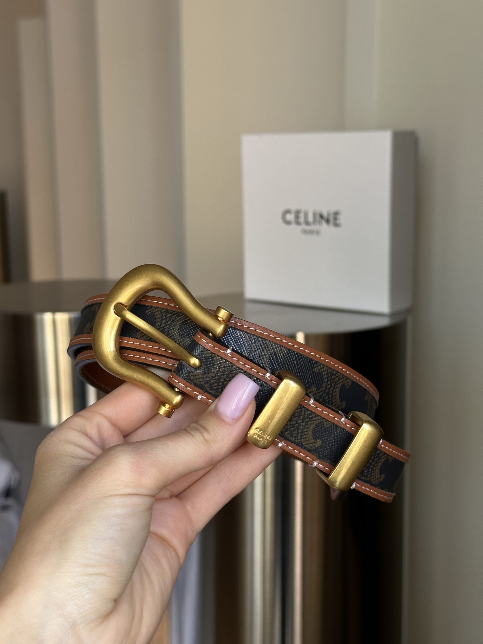 Celine Western Belt in Triomphe Canvas and Calfskin / Gold - 9