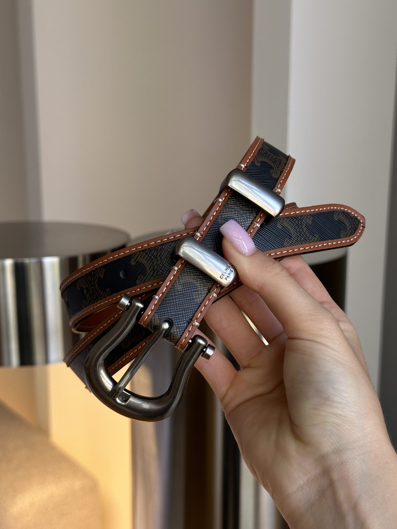 Celine Western Belt in Triomphe Canvas and Calfskin / Silver - 9