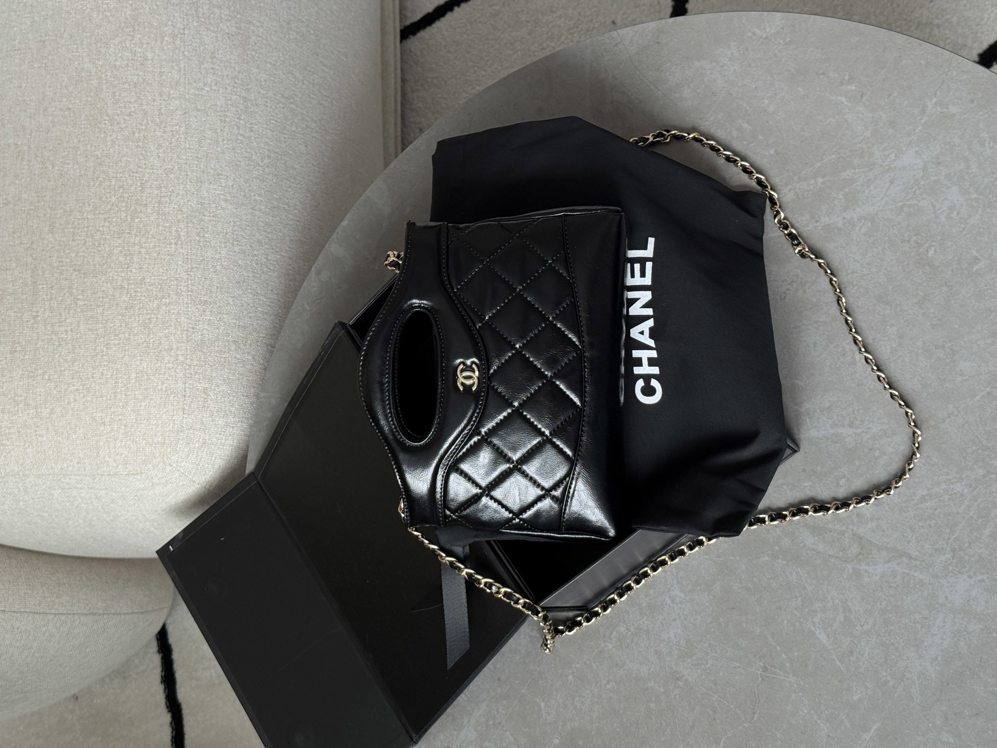 Chanel 31 Mini Shopping Bag Shiny Aged Calfskin Black & Gold Ha - 12