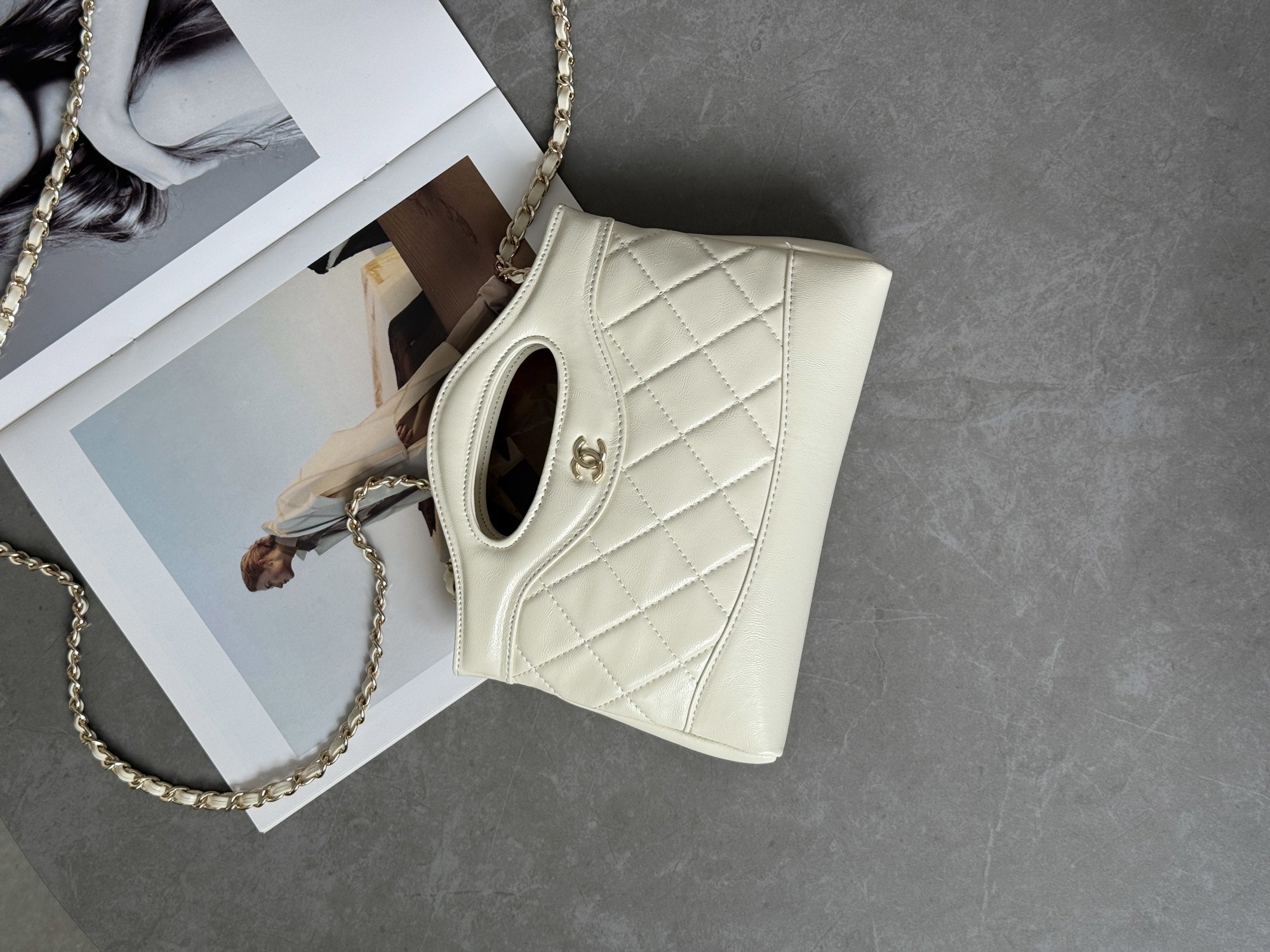 Chanel 31 Mini Shopping Bag Shiny Aged Calfskin Cream & Gold Ha - 13