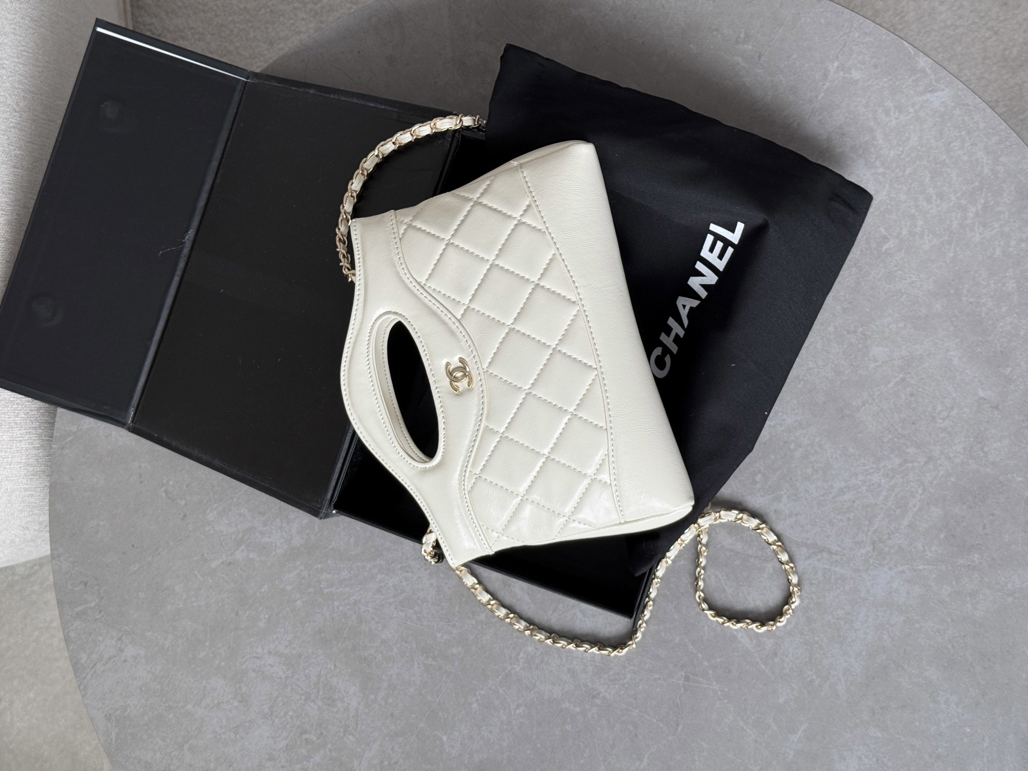Chanel 31 Mini Shopping Bag Shiny Aged Calfskin Cream & Gold Ha - 10