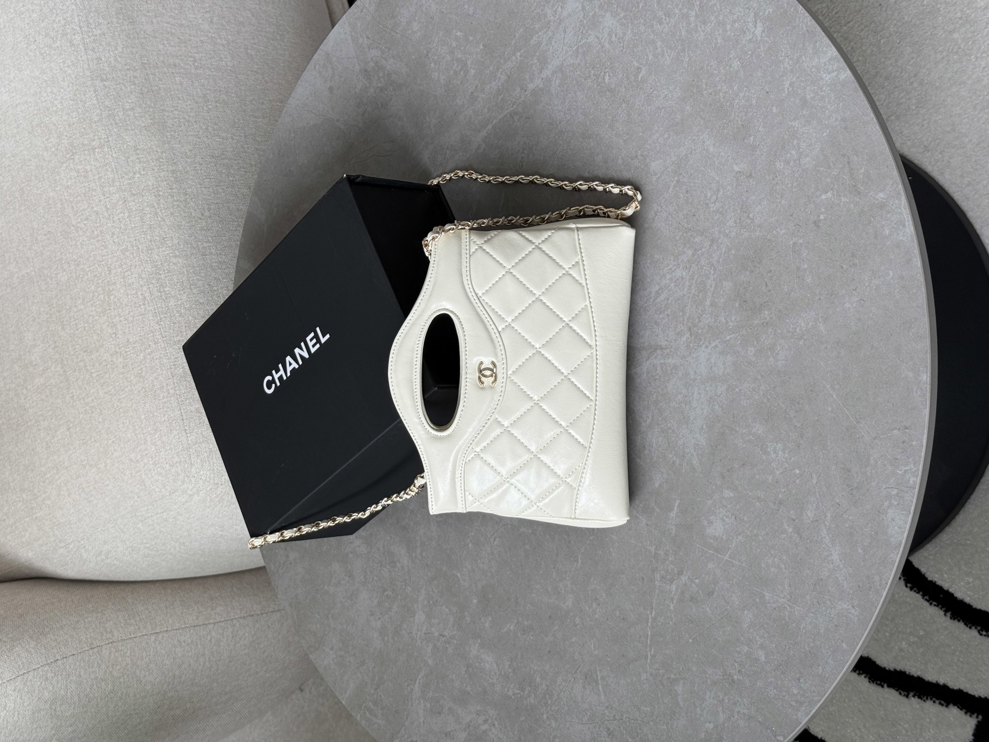 Chanel 31 Mini Shopping Bag Shiny Aged Calfskin Cream & Gold Ha - 12