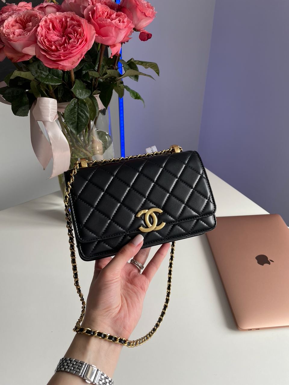 Chanel Calfskin Quilted Perfect Fit Wallet On Chain Black/Gold - 11