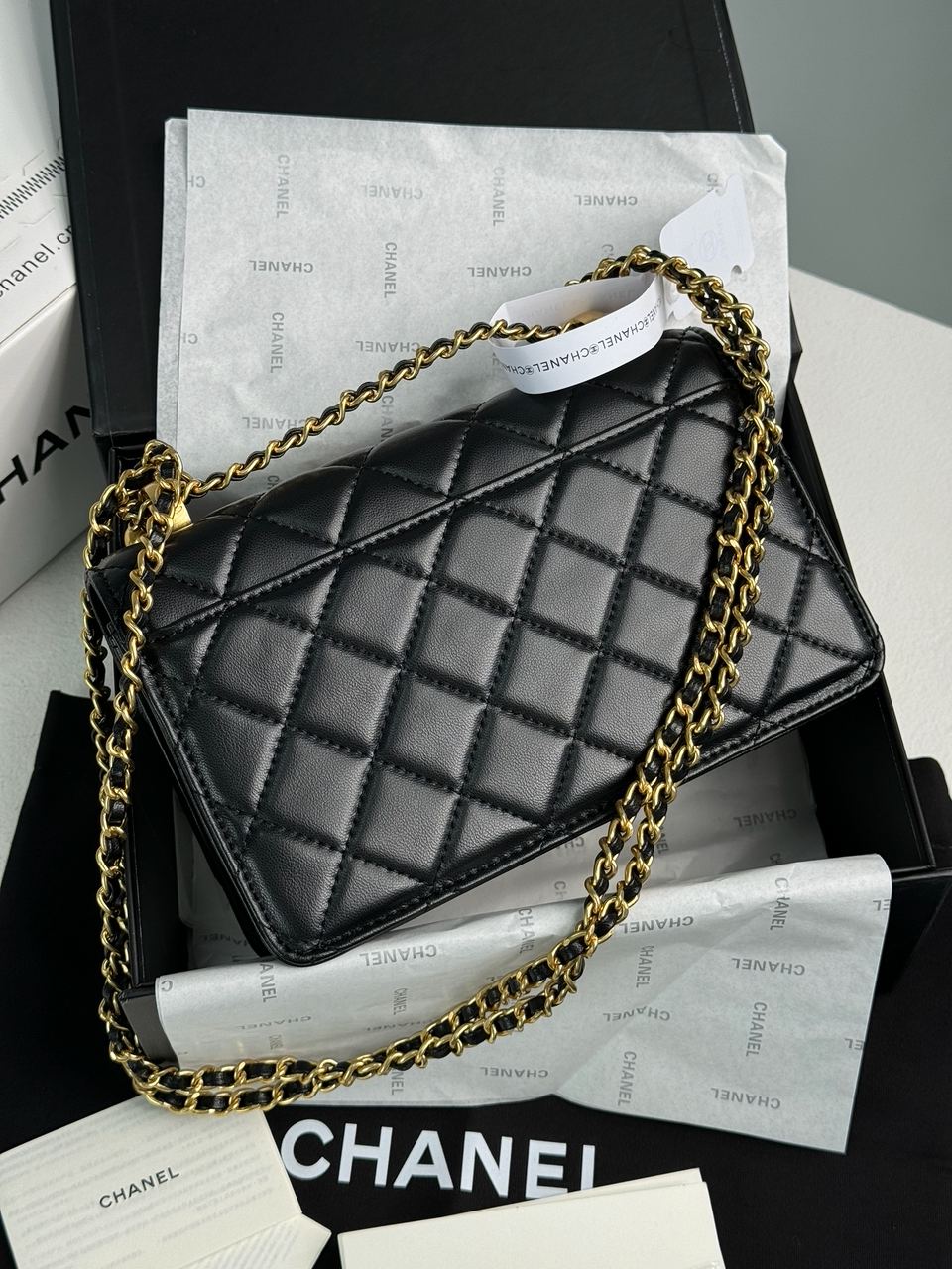 Chanel Calfskin Quilted Perfect Fit Wallet On Chain Black/Gold - 15