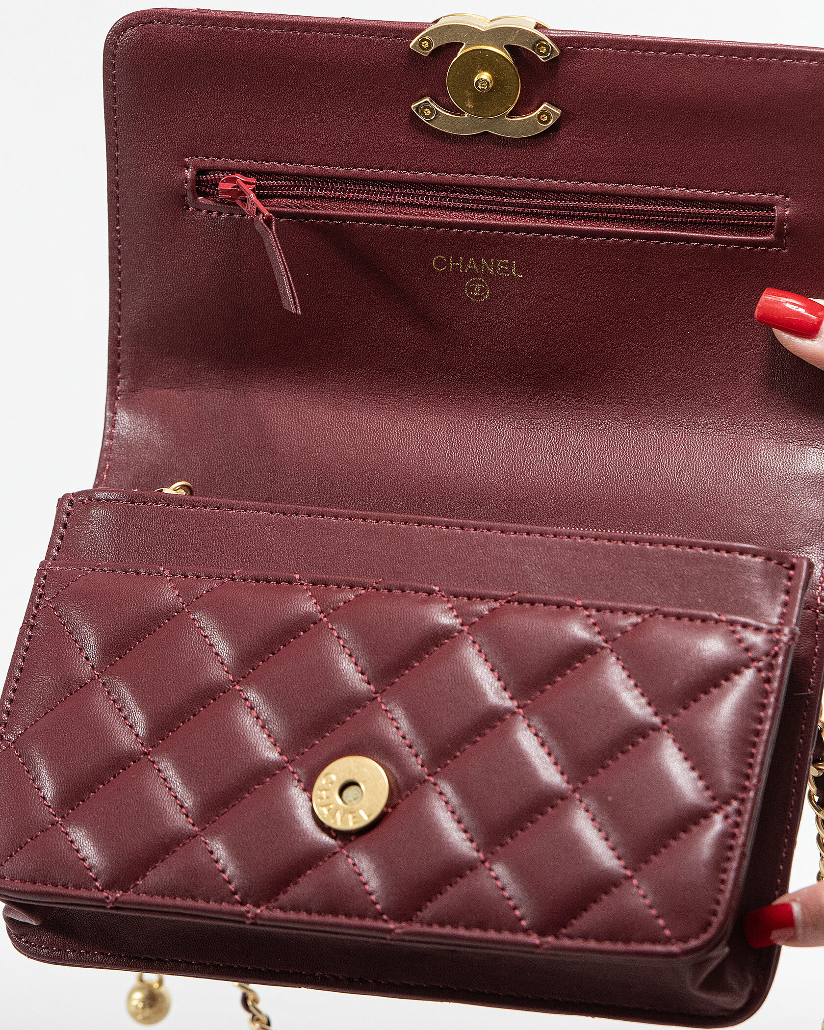 Chanel Calfskin Quilted Perfect Fit Wallet On Chain Burgundy/Gold - 14