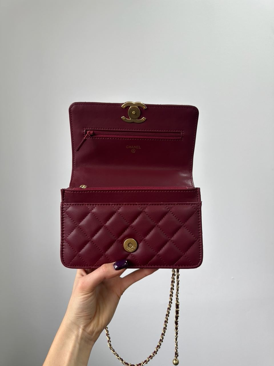 Chanel Calfskin Quilted Perfect Fit Wallet On Chain Burgundy/Gold - 11