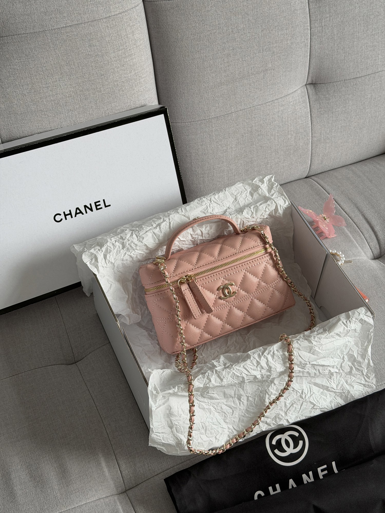 Chanel Caviar Quilted CC Top Handle Long Vanity Pink - 6