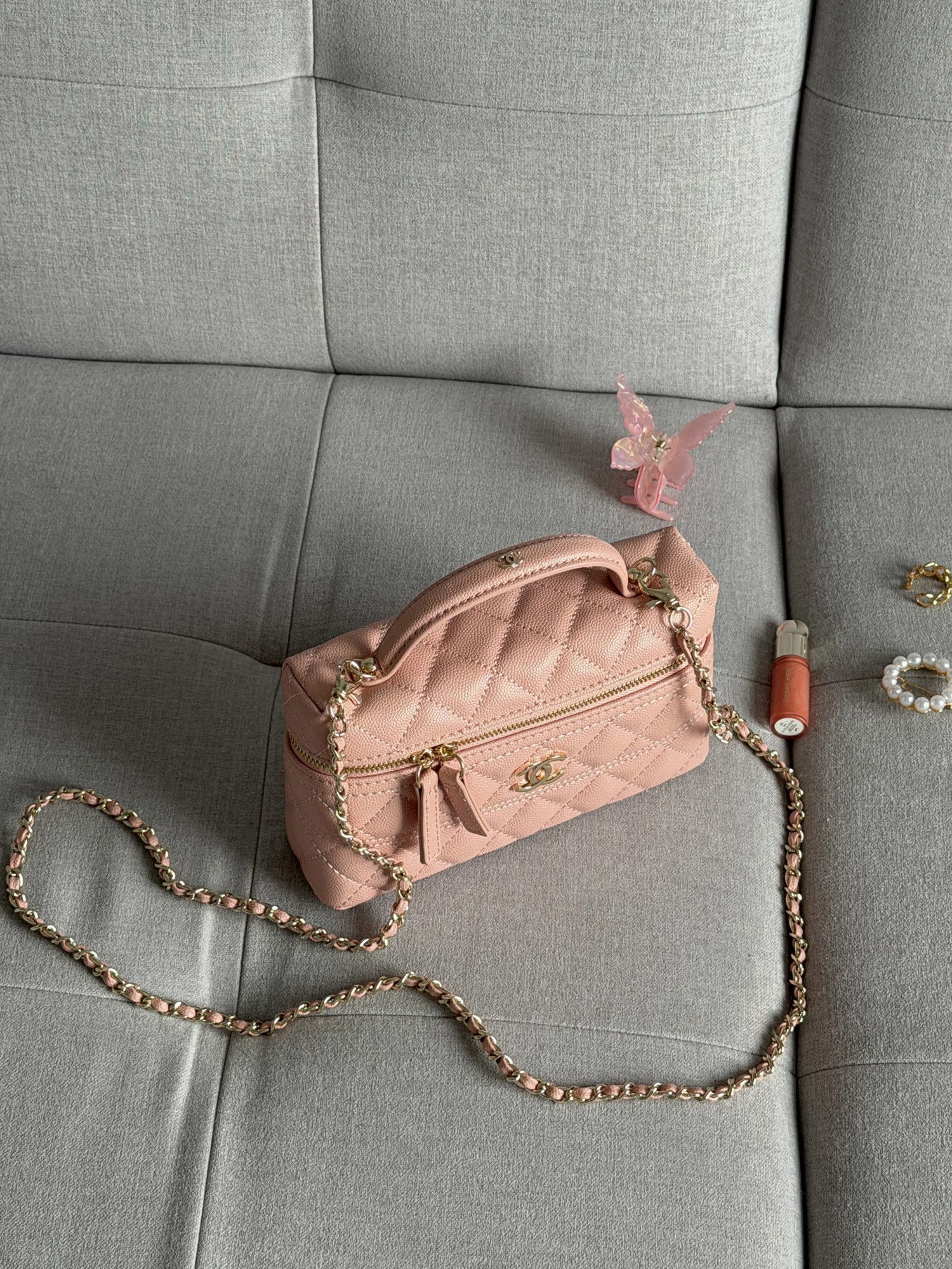Chanel Caviar Quilted CC Top Handle Long Vanity Pink - 2