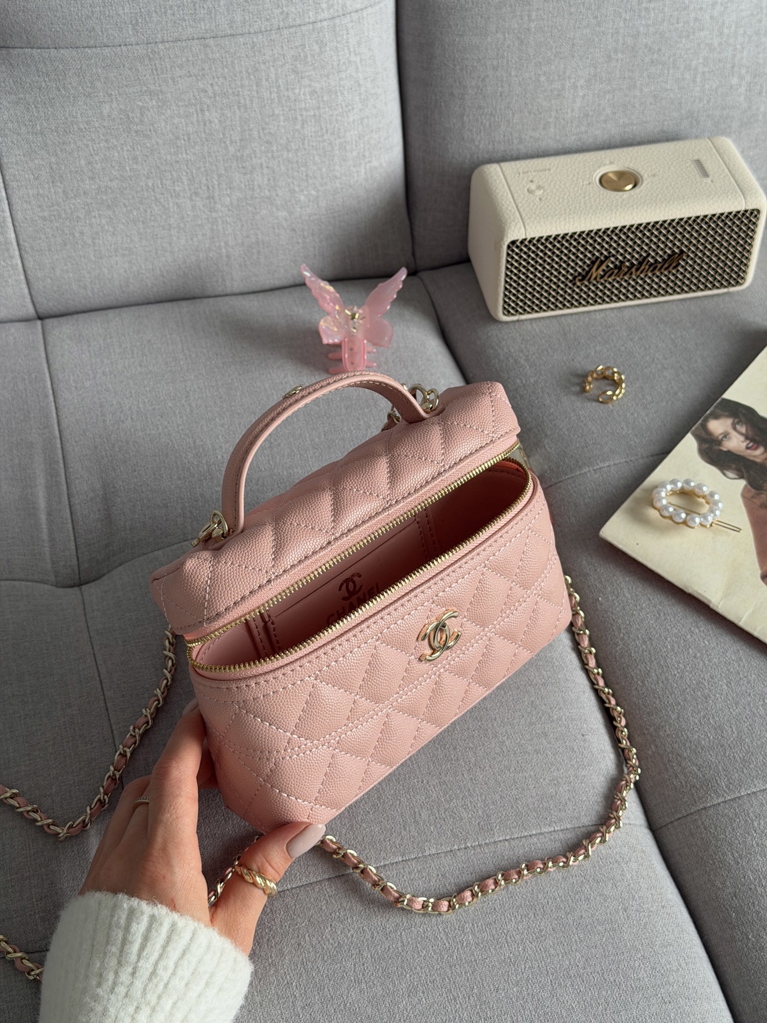 Chanel Caviar Quilted CC Top Handle Long Vanity Pink - 7