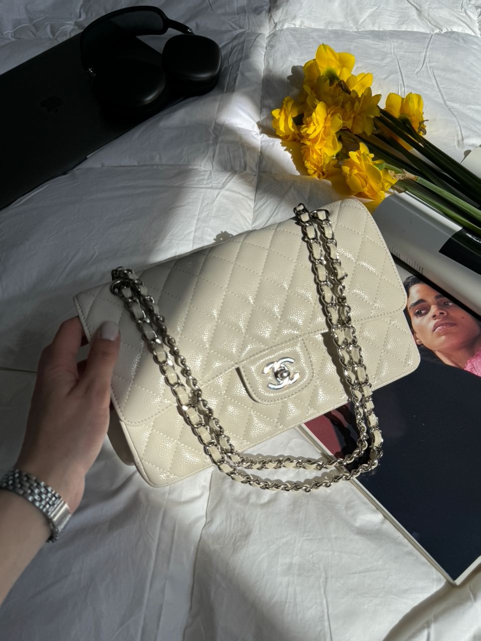 Chanel Classic 2.55 Medium Double Flap in White/Silver - 4