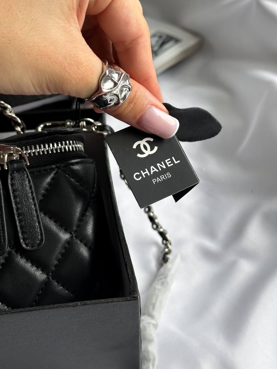 Chanel Classic Black Lambskin Pearl Crush Vanity Bag Silver - 14