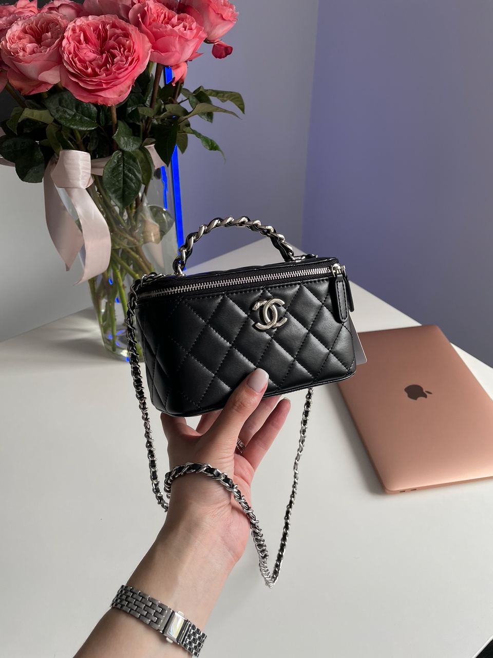 Chanel Classic Black Lambskin Pearl Crush Vanity Bag Silver - 8