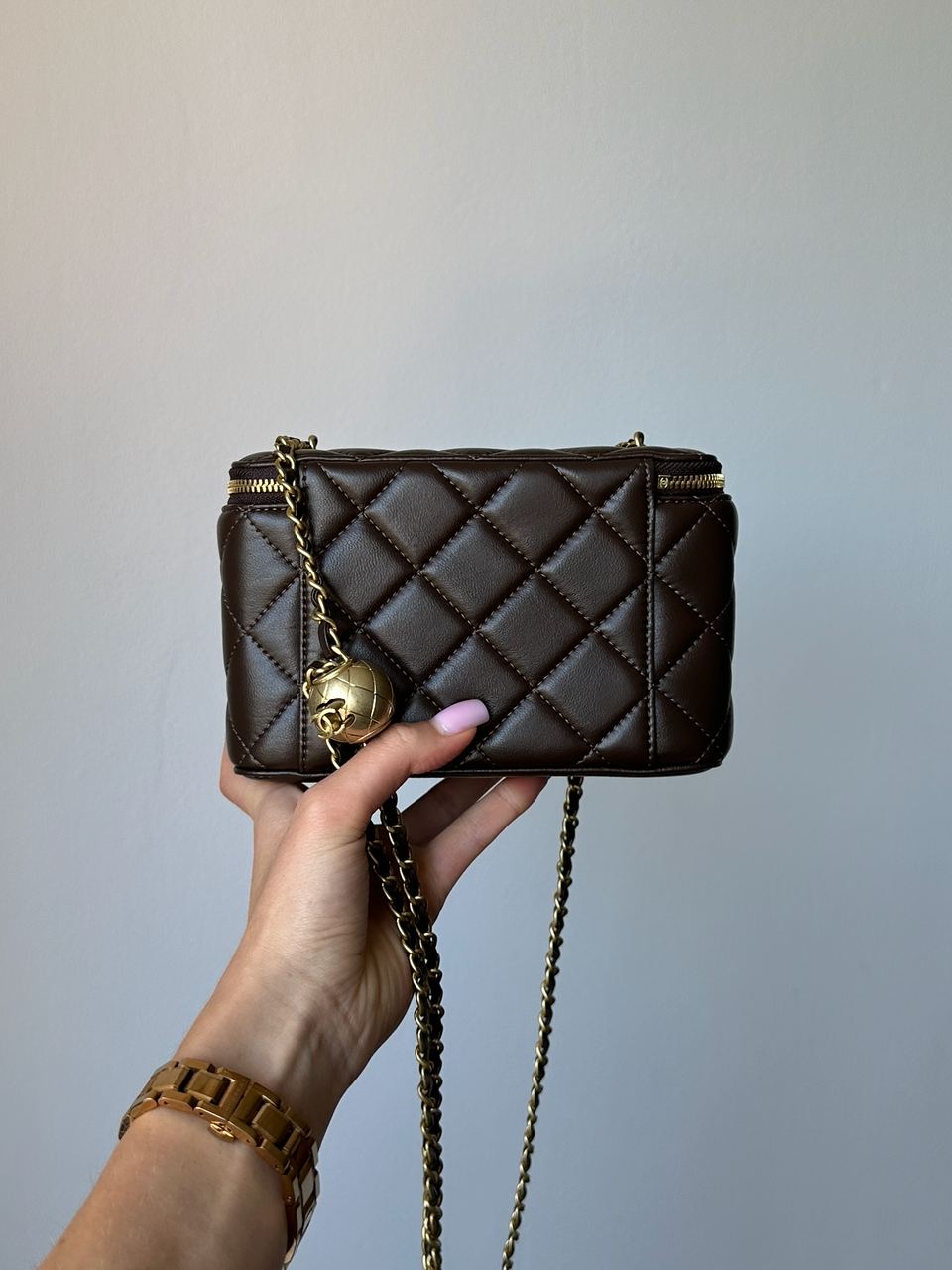 Chanel Classic Brown Lambskin Pearl Crush Vanity Bag Gold - 7