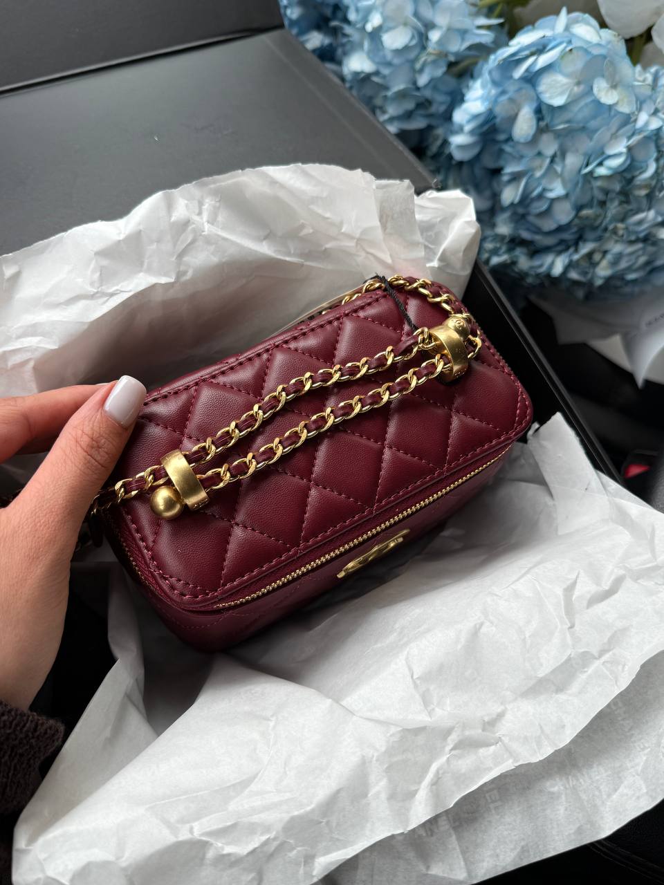 Chanel Classic Burgundy Lambskin Pearl Crush Vanity Bag Gold - 5