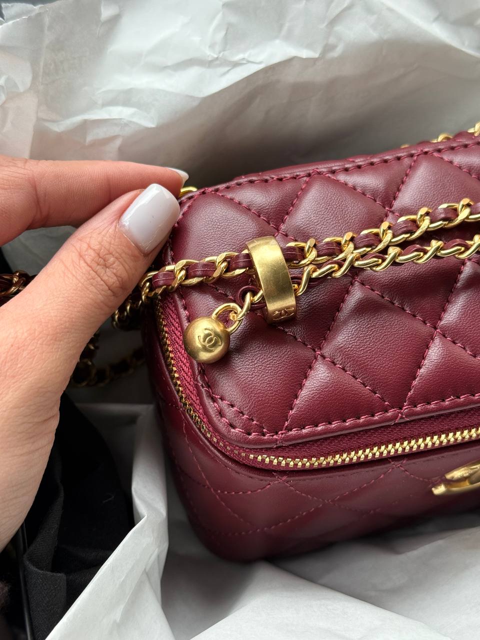 Chanel Classic Burgundy Lambskin Pearl Crush Vanity Bag Gold - 6