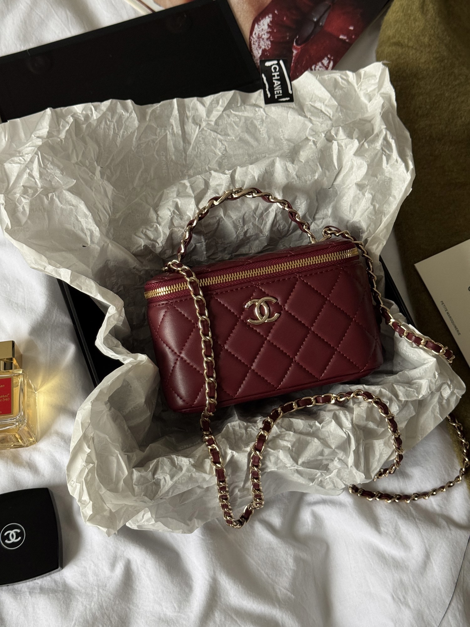 Chanel Classic Burgundy Lambskin Pearl Crush Vanity Bag Gold - 10