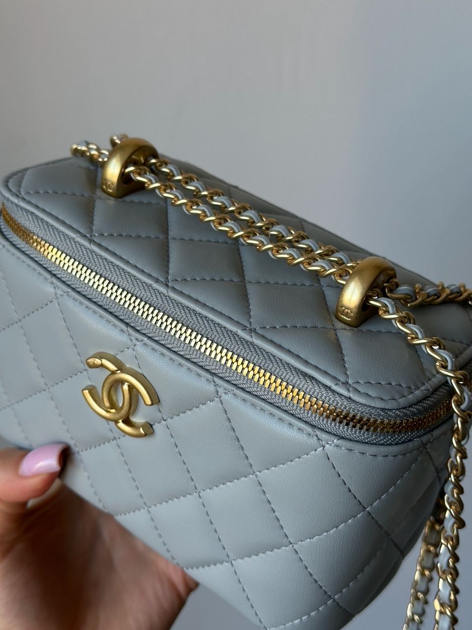 Chanel Classic Grey Lambskin Pearl Crush Vanity Bag Gold - 5