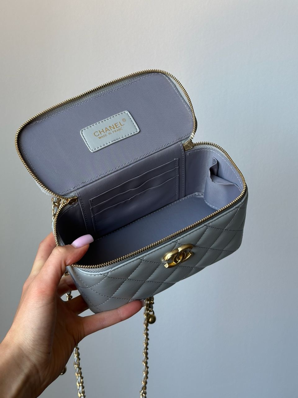 Chanel Classic Grey Lambskin Pearl Crush Vanity Bag Gold - 8