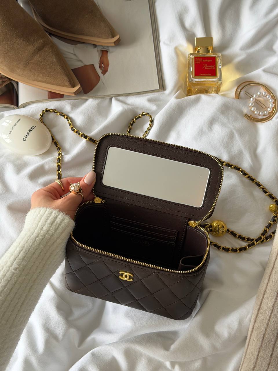 Chanel Classic Lambskin Pearl Crush Vanity Bag Brown/Gold - 13