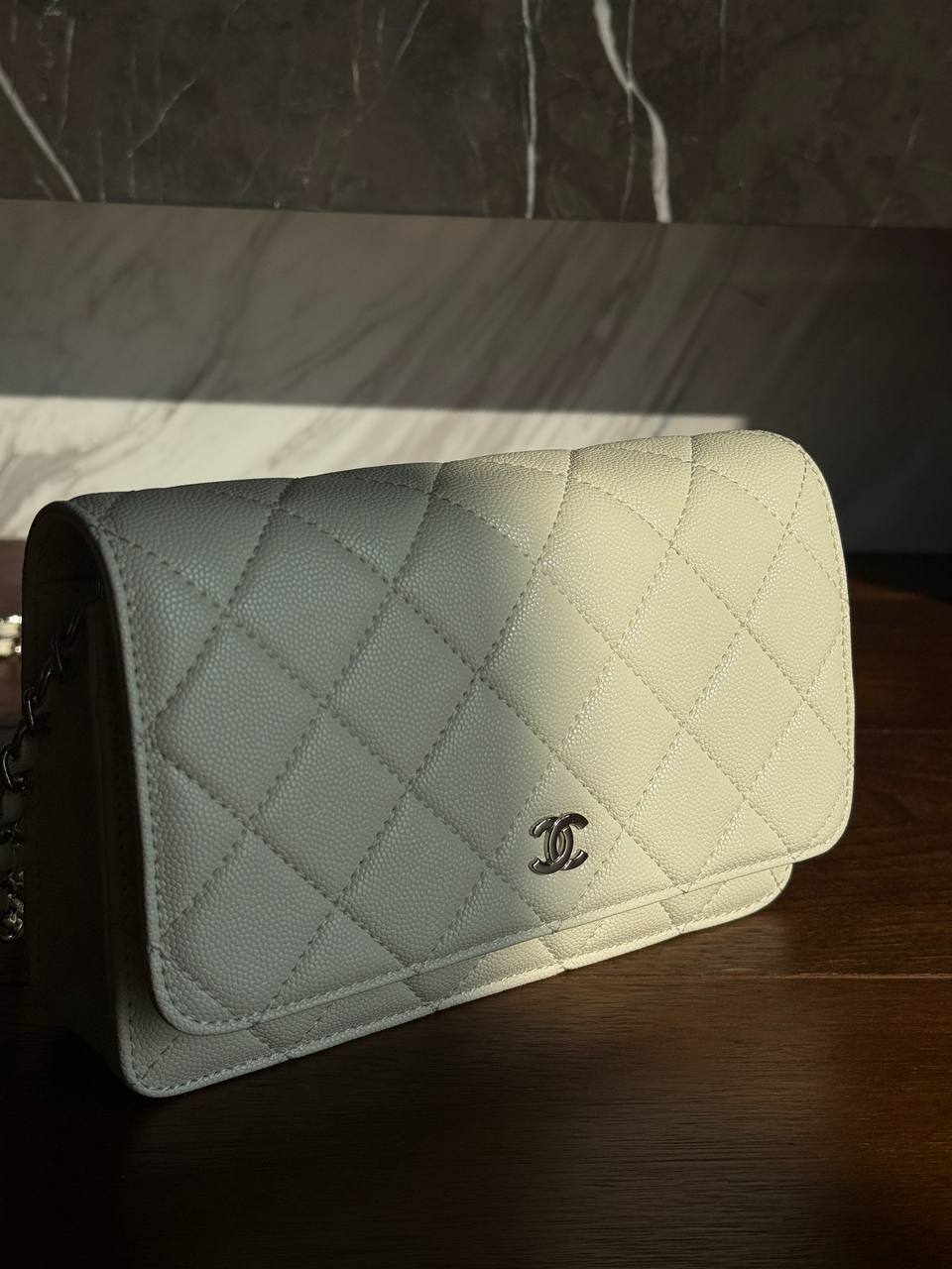 Chanel Classic Wallet on Chain Quilted Caviar White/Silver - 7