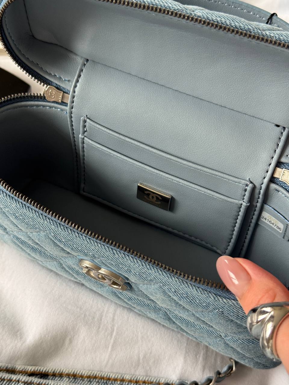 Chanel Denim Quilted Top Handle Slim Vanity Case With Chain Blue - 12