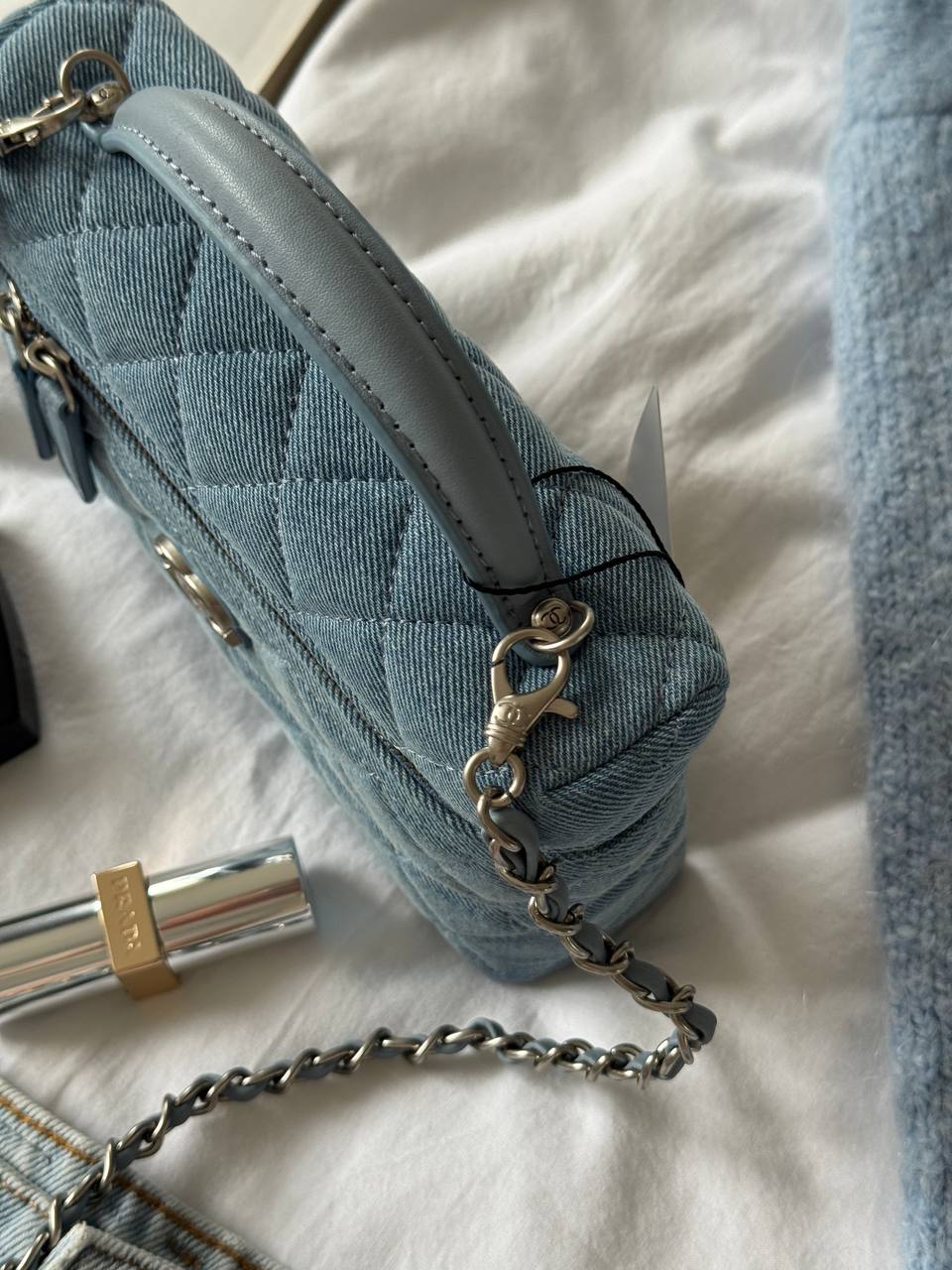 Chanel Denim Quilted Top Handle Slim Vanity Case With Chain Blue - 7